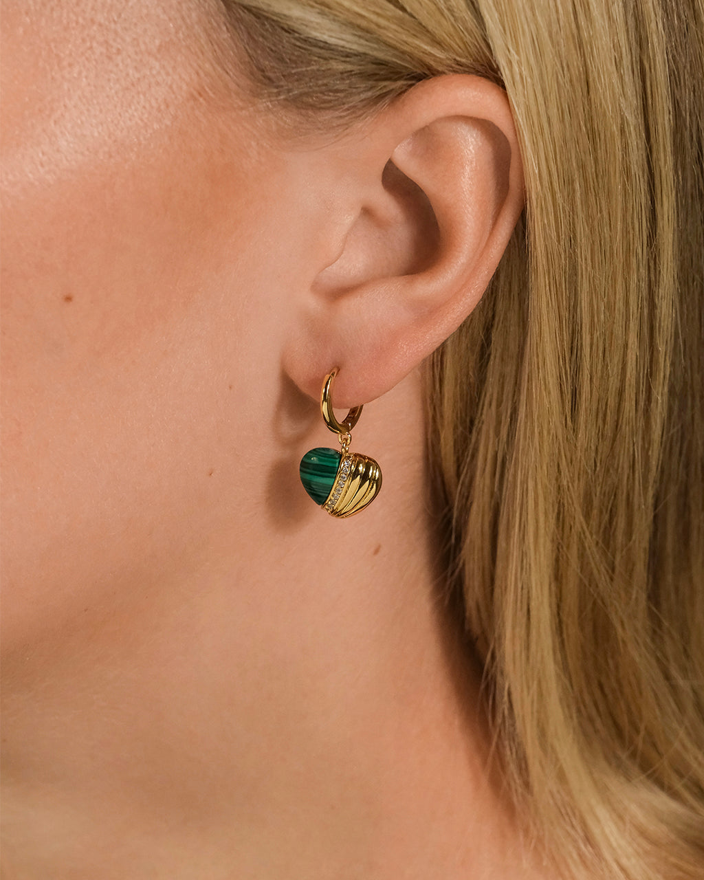 Malachite & Cubic Zirconia Heart Charm Hoop Earrings for Women - Elegant Dangle Jewelry for Valentine's Day, Anniversary & Special Occasions