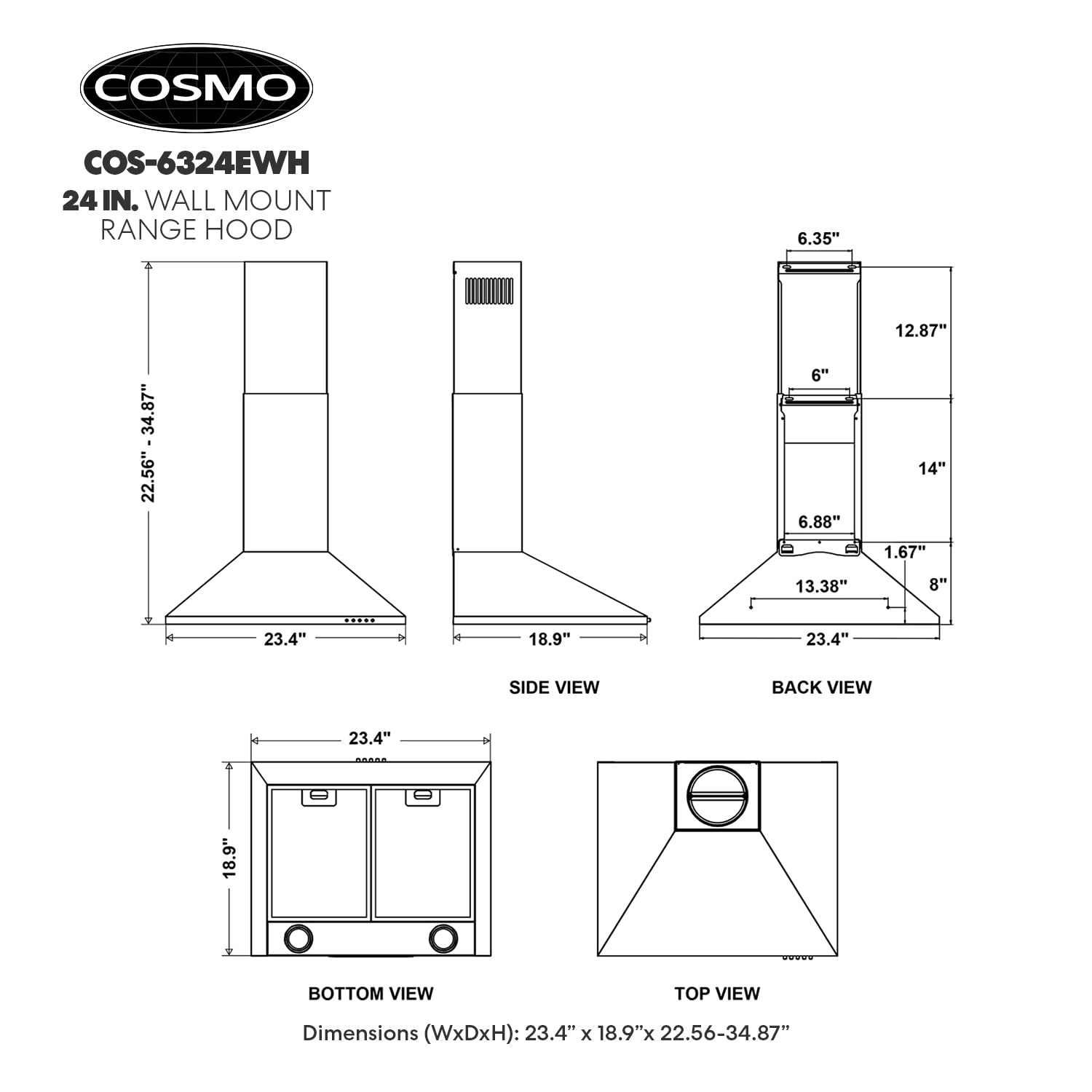 COSMO COS-6324EWH 24 Inch Stainless Steel Wall Mount Range Hood - 220 CFM Ducted Ventilation, LED Lighting & Button Controls | Perfect for Modern Kitchens, Cooking Ventilation & Smoke Removal