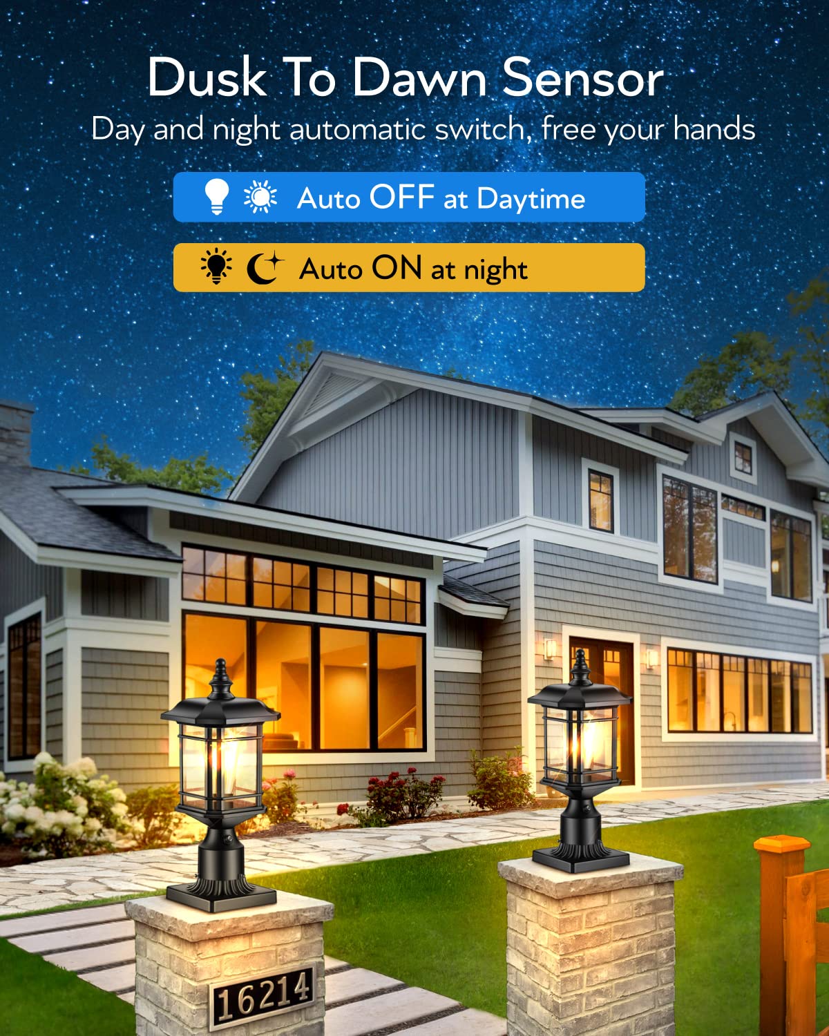 VIANIS Black Outdoor Post Lights - Dusk to Dawn LED Lantern with Pier Mount Base, Waterproof Aluminum Fixture & Tempered Seeded Glass - Perfect for Patio, Garden, Driveway, Walkway, and Front Yard Lighting