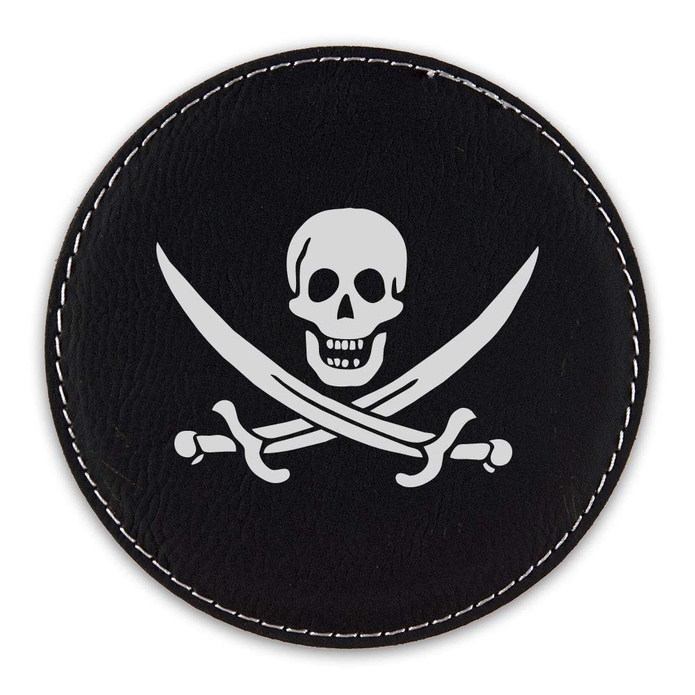 Premium Pirate-Themed Drink Coasters - Set of 6 Black & Silver Leatherette Round Coasters with Jolly Roger Flag Design - Perfect for Home Bars, Man Caves & Themed Parties