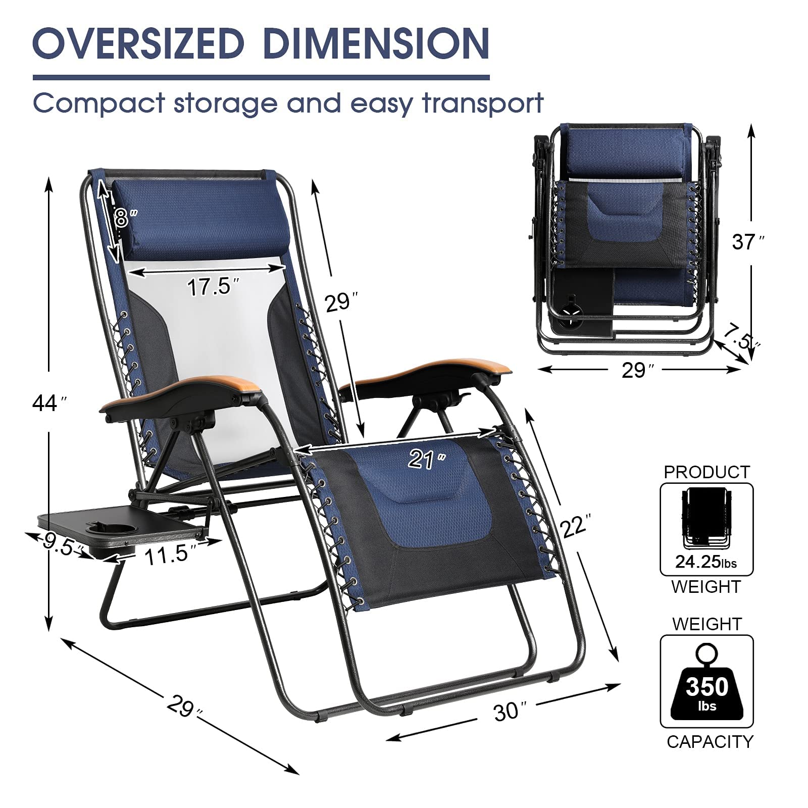 **XL Oversized Zero Gravity Reclining Patio Chair with Mesh Back - Heavy Duty 350lbs Capacity, Adjustable Pillows & Cup Holder - Perfect for Poolside, Backyard, Lawn, and Outdoor Relaxation**