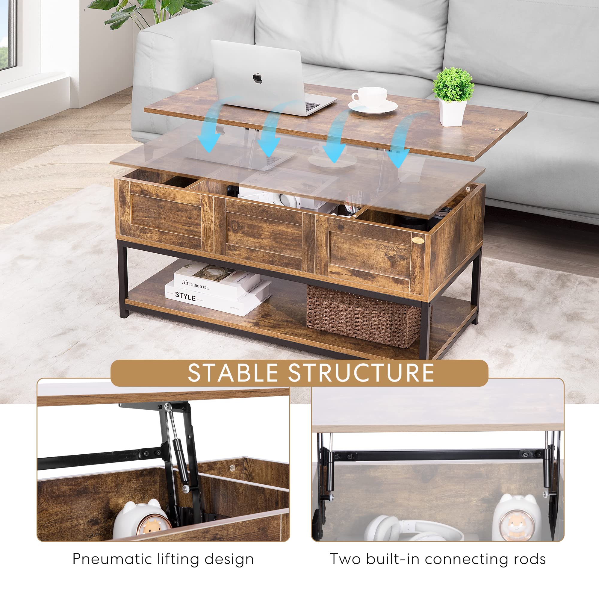 VIVOHOME Lift Top Coffee Table with Steel Frame, Convertible Dining Table with Open Storage & Hidden Compartment - Rustic Brown - Perfect for Living Room, Office, Small Apartment & Studio Spaces