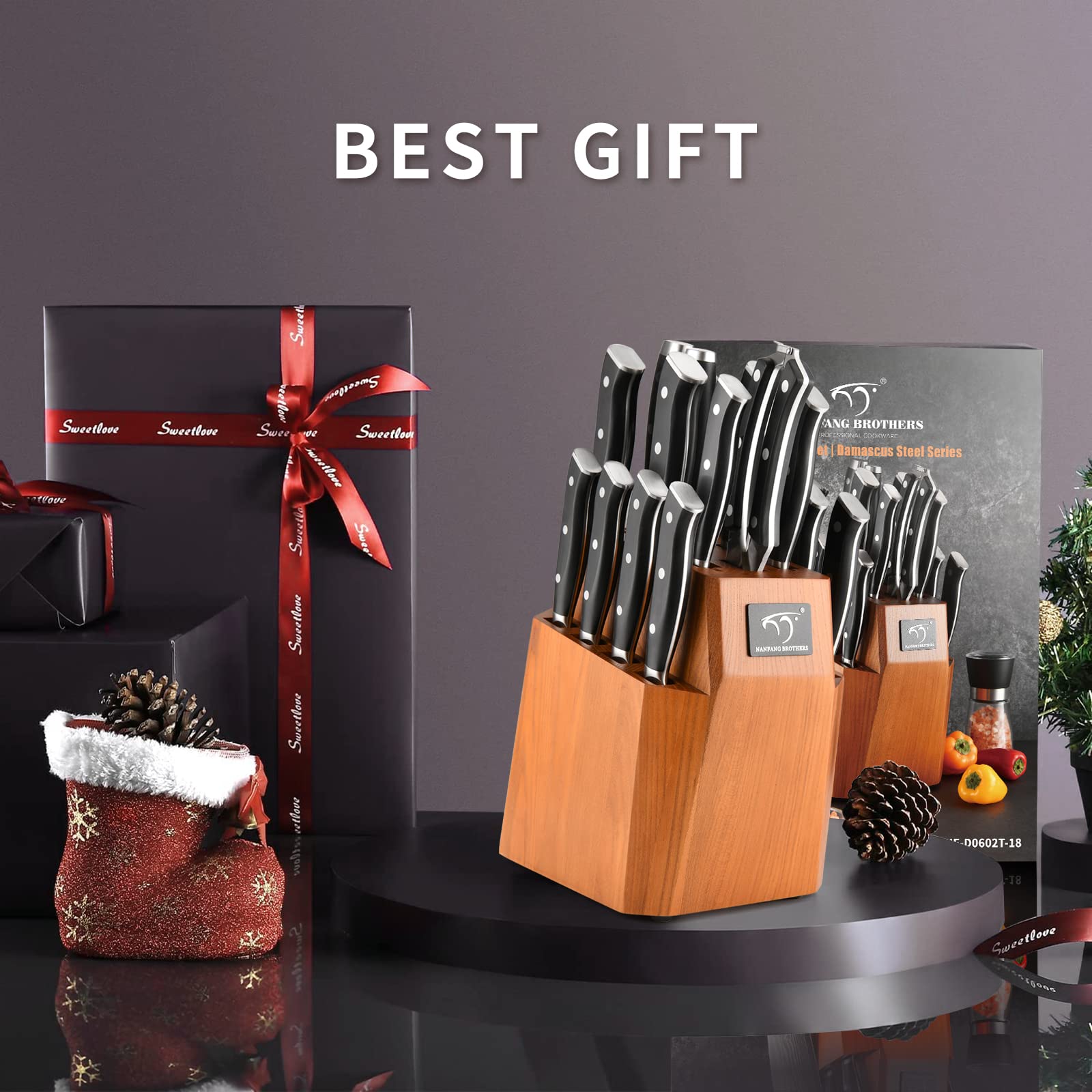 Premium 18-Piece Damascus Steel Kitchen Knife Set with Wooden Block - Chef Knives, Utility Knives, Paring Knives, Knife Sharpener & Kitchen Shears - Ergonomic ABS Handles for Professional Cooking & Home Kitchen Use - Perfect Gift for Chefs & Cooking Enthusiasts