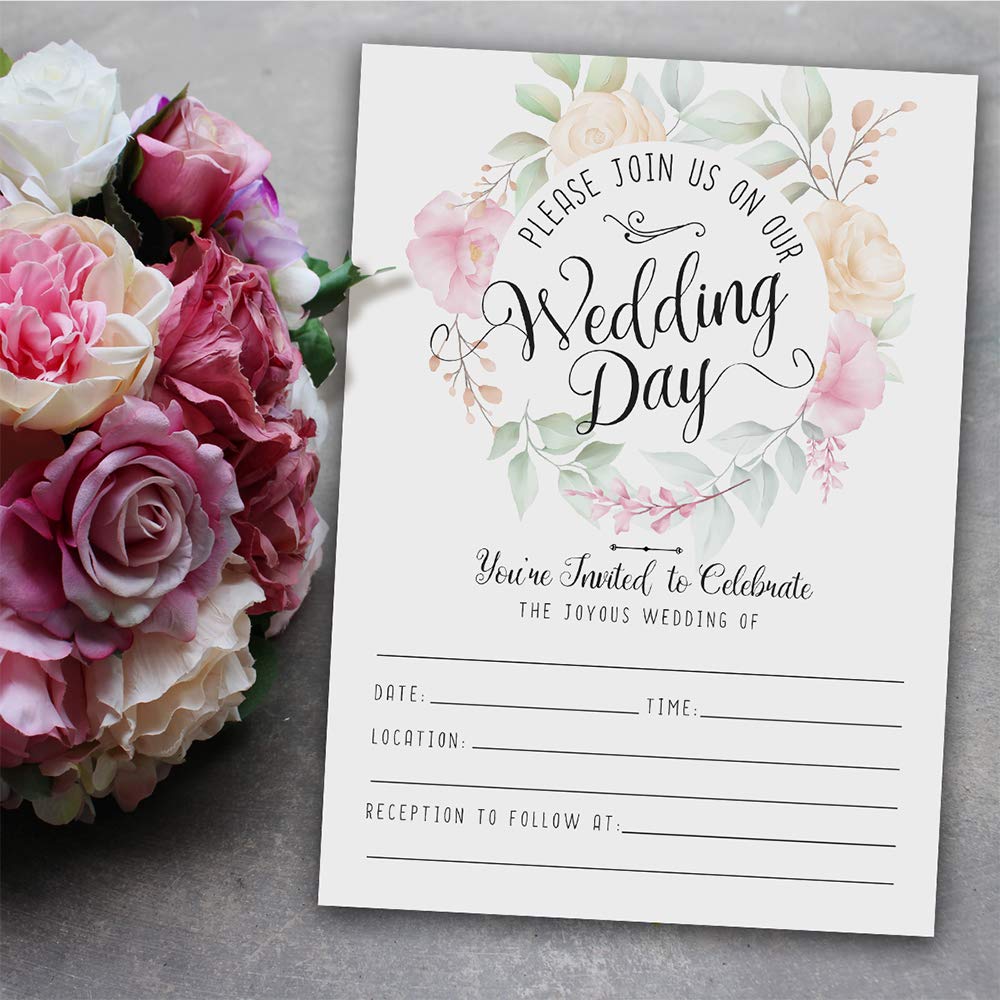 Elegant Pastel Rose Wreath Wedding Invitation Kit - 25 Blank Floral Invitations & Envelopes Set - Minimalist DIY Wedding Stationery for Bridal Shower, Engagement Party & Formal Wedding Events