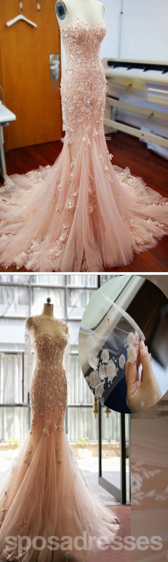 Elegant Pink Lace Sweetheart Mermaid Wedding Dress with Appliques - Perfect for Bridal, Prom, Evening Gala & Formal Events - WD0033