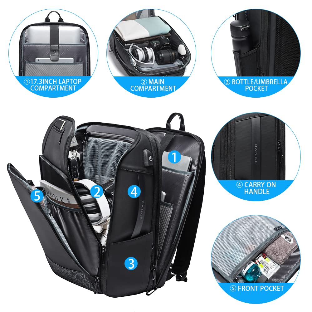 BANGE 45L Expandable Travel Backpack for Men & Women - Flight Approved Carry On Backpack with Laptop Compartment Fits 17.3 Inch Laptop - Perfect for Business Trips, Weekend Getaways & Air Travel