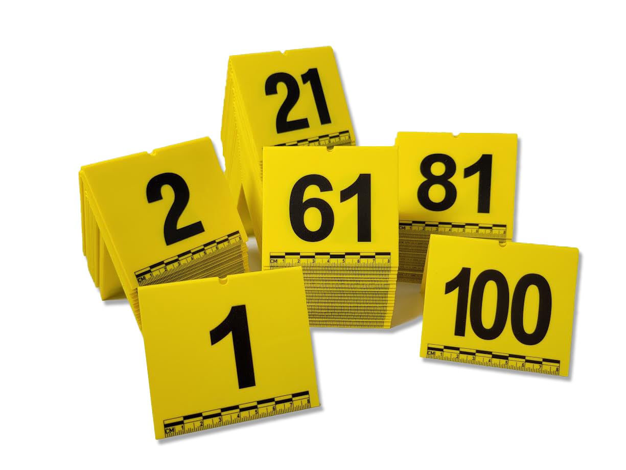 Evidence Tents with Scale - Numbered 1-100 Yellow Markers (3.5