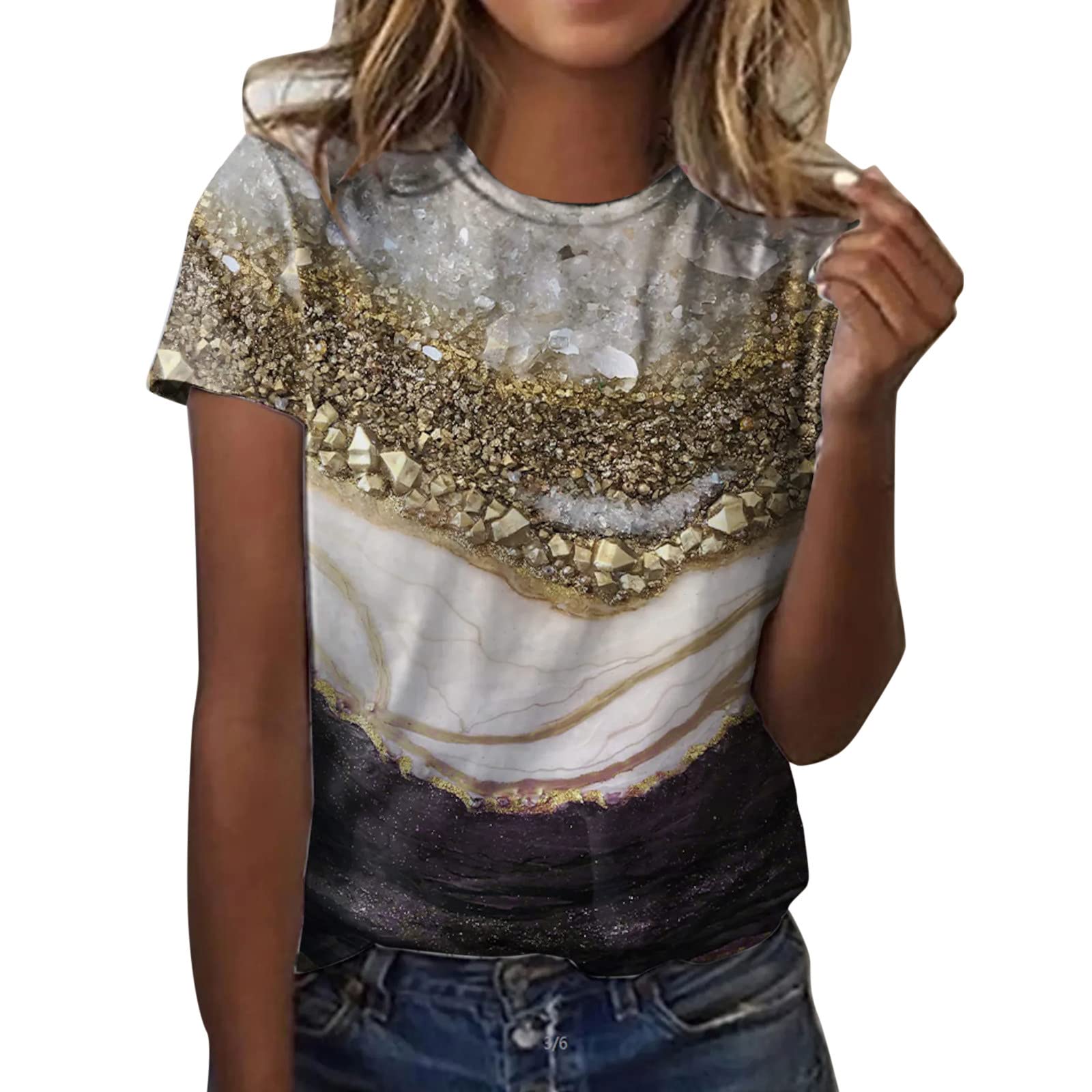 Women's Vintage Watercolor Print O-Neck Tank Top - Short Sleeve Summer Workout Shirt for Casual Wear, Gym, Yoga & Beach Outfits