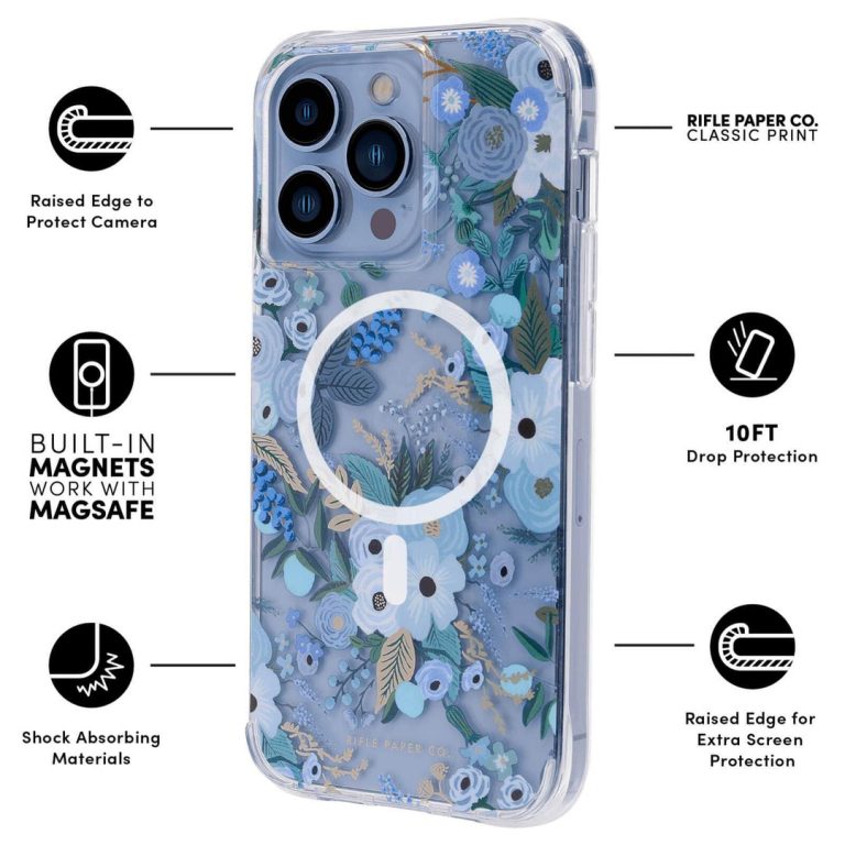 Case Mate Rifle Paper Co. MagSafe Compatible iPhone 13 Pro Case - Garden Party Blue Floral Design | Perfect for Everyday Use, Travel & Gift Giving
