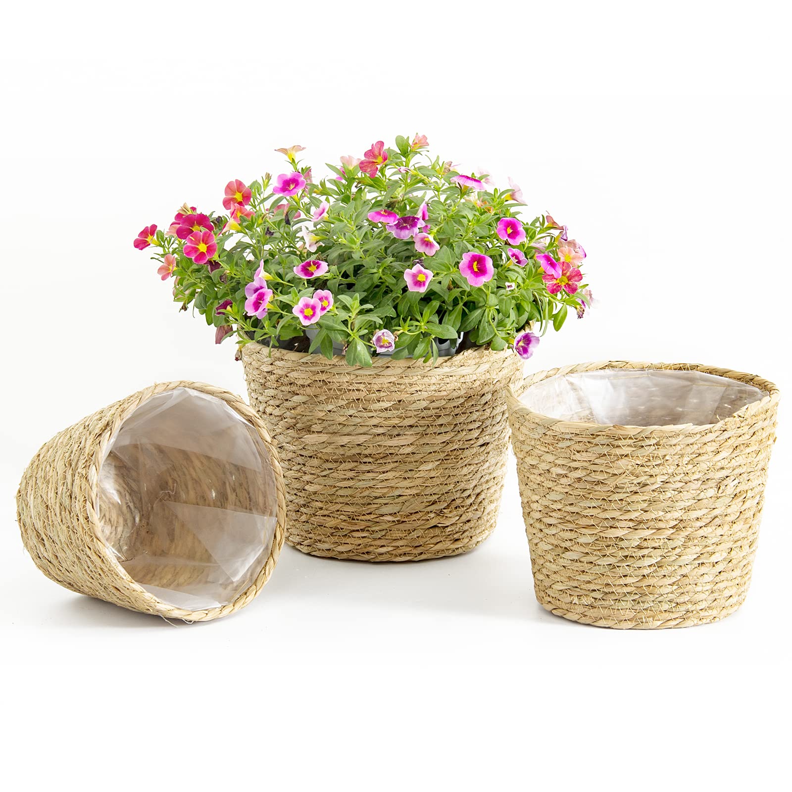Seagrass Plant Basket Set of 3 - 9.8 Inch Brown Woven Storage Pot Cover for Indoor Plants | Home Decor, Living Room, Office & Balcony Organization