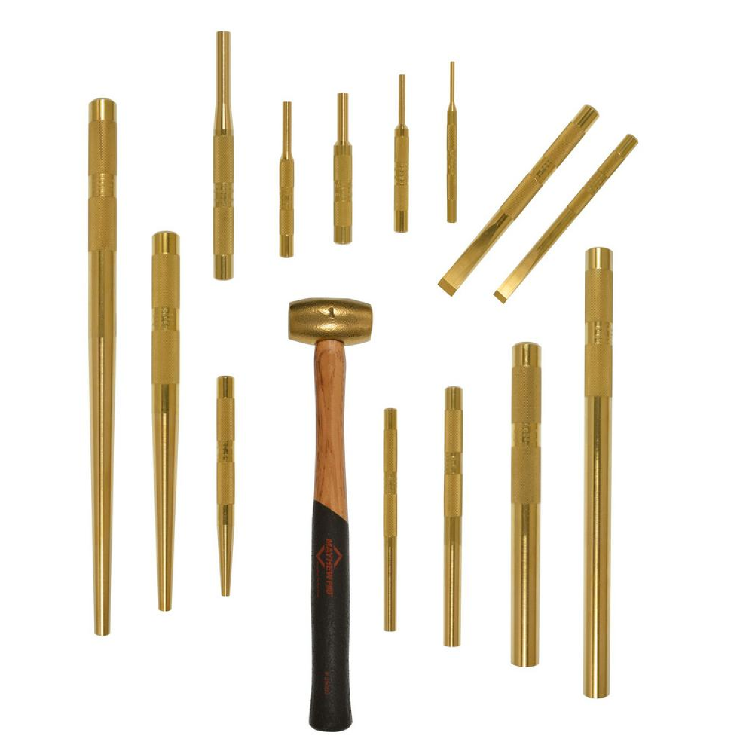 Mayhew 67015 15-Piece Brass Punch and Scraper Set - Durable Metalworking Tools for Automotive Repair, Woodworking & DIY Projects