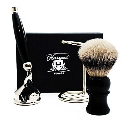 Premium 4-Piece Shaving Kit - Haryali London Silver Tip Badger Hair Shaving Brush, Ergonomic Triangular Cartridge Razor & Stainless Steel Stand - Luxury Wet Shaving Set for Men - Perfect Gift for Father's Day, Birthday & Travel