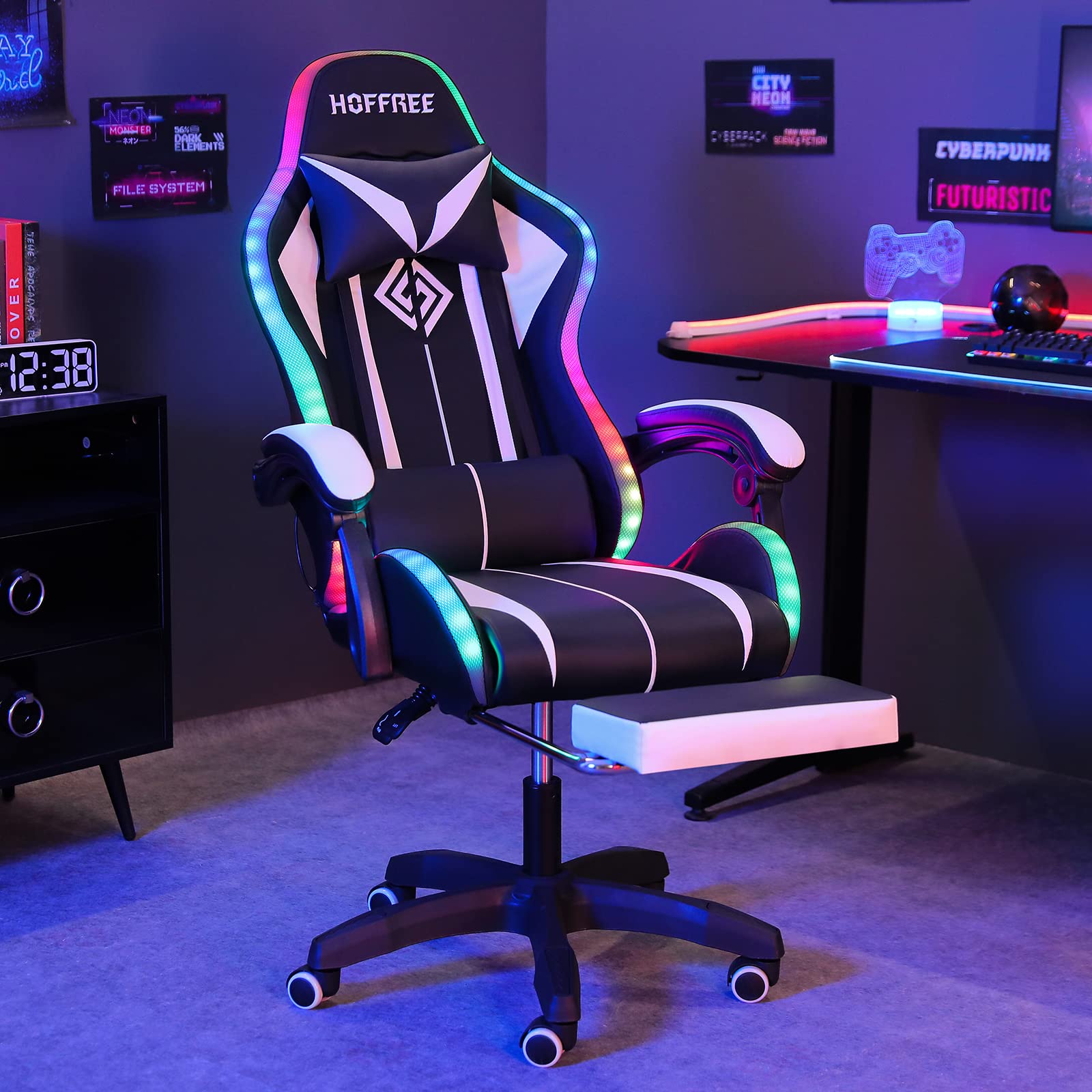 Ergonomic Gaming Chair with Built-in Speakers, RGB LED Lights & Massage - High Back Computer Chair with Adjustable Lumbar Support & Footrest - Perfect for PC Gaming, Streaming & Home Office (White & Black)
