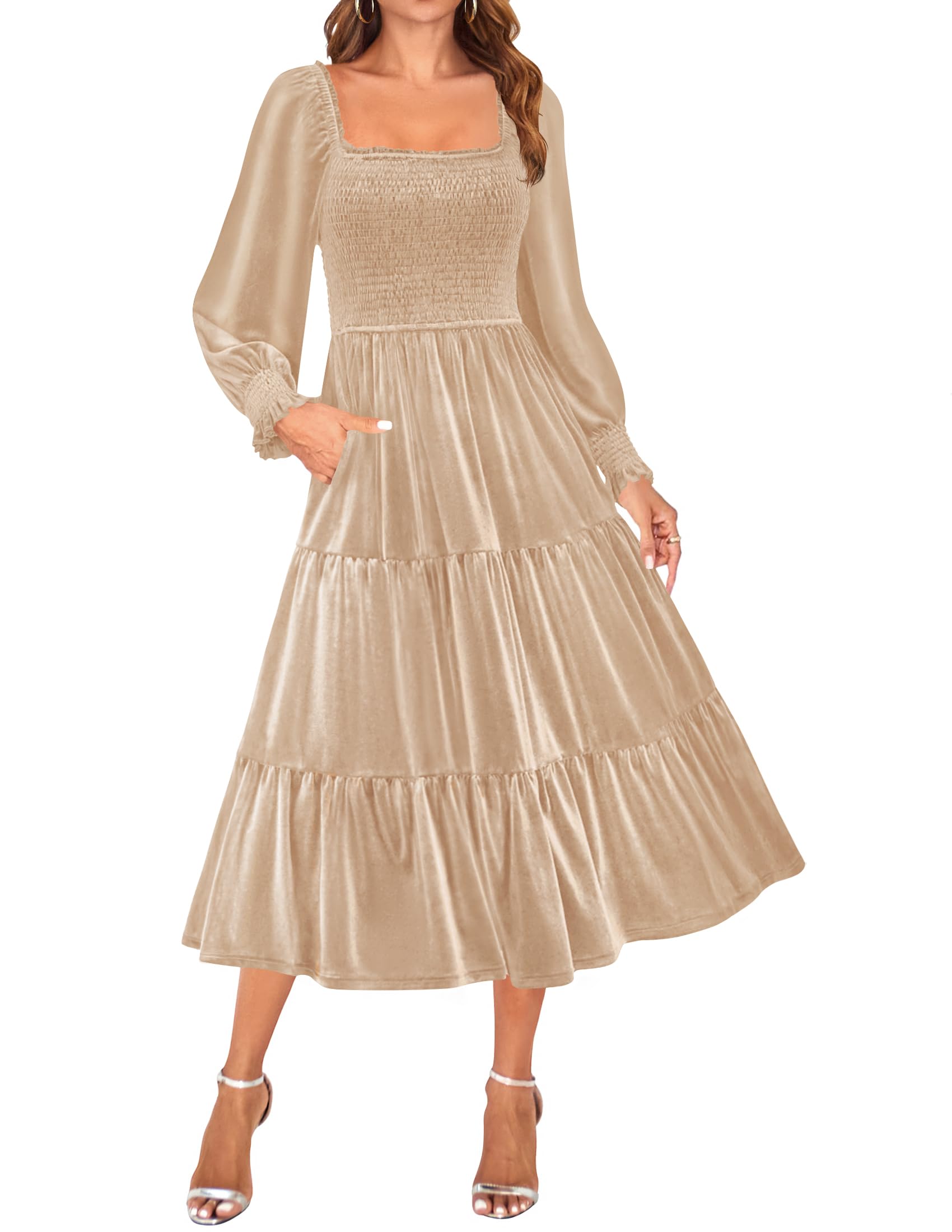 ZESICA Women's Velvet Long Sleeve Square Neck Smocked Ruffle A-Line Flowy Midi Dress with Pockets - Elegant Spring 2025 Fashion for Date Night, Wedding Guest & Special Occasions