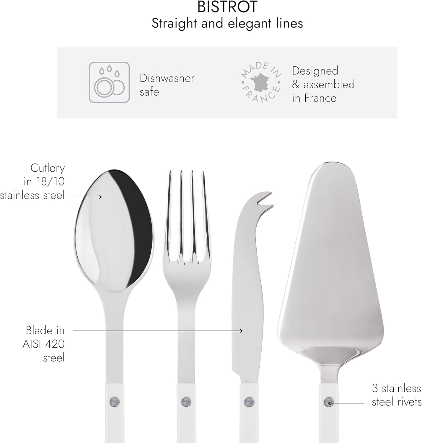 4-Piece Stainless Steel & Nylon Serving Set - 2 Serving Flatware, Serrated Pie Server, Large Cheese Knife - Bistrot Collection - Dishwasher Safe White with Brilliant Finish - Perfect for Dinner Parties, Cheese Platters & Dessert Serving