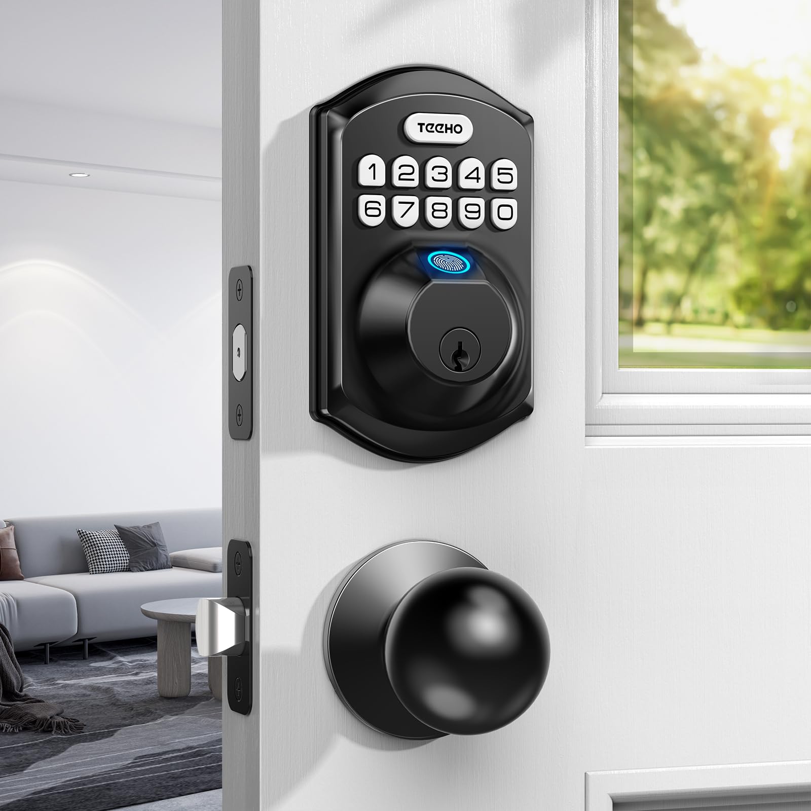 TEEHO Smart Fingerprint Keyless Entry Door Lock - Keypad Deadbolt with Handle - Auto Lock & Easy Installation - Matte Black - Secure Your Home & Office with Touchless Access