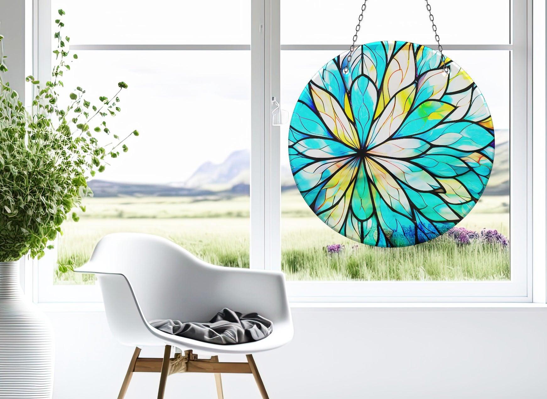 Blue and White Suncatcher Window Decor - Handmade Stained Glass Hanging Ornament for Home, Office, Garden (Perfect for Living Room, Bedroom, Kitchen & Outdoor Spaces)