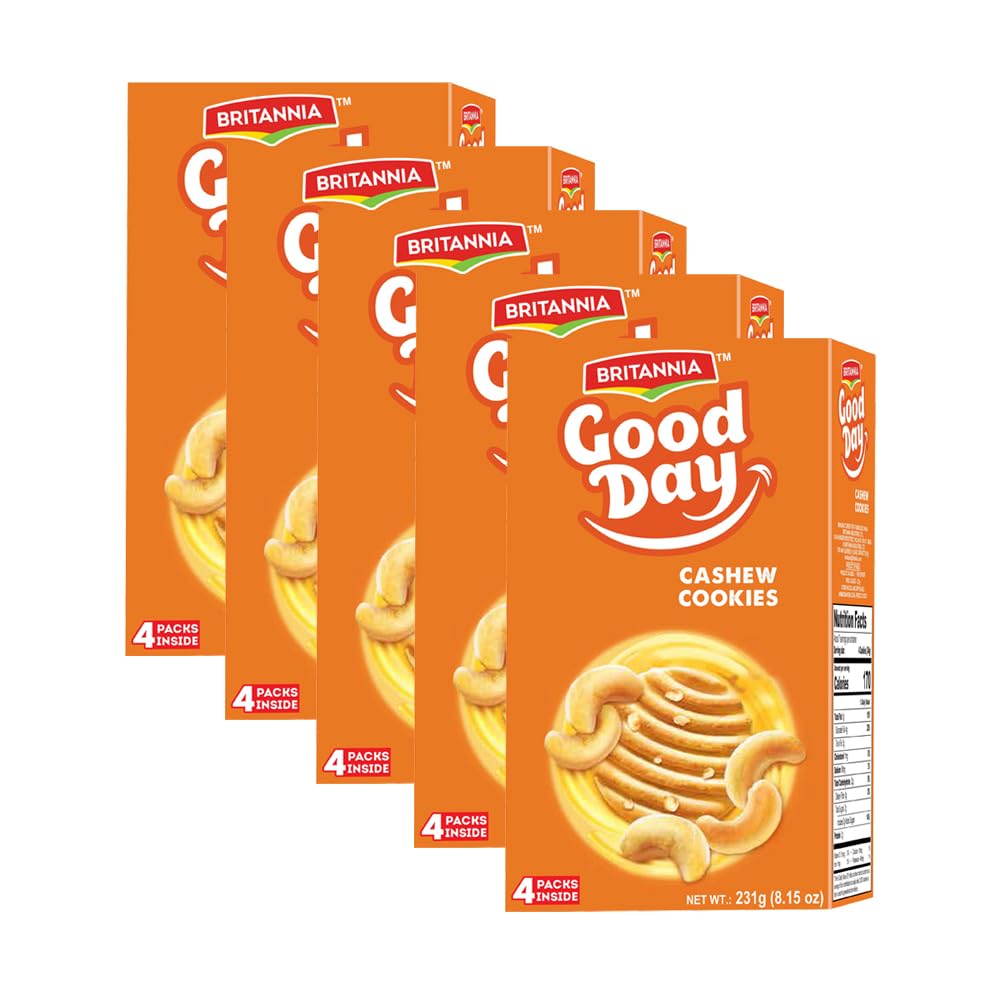 BRITANNIA Good Day Cashew Cookies 8.15oz (231g) - Pack of 5 | Rich & Delicious Biscuits | Perfect for Breakfast, Lunch & Tea Time Snacks | Family Pack Cookies for Office, School & Travel