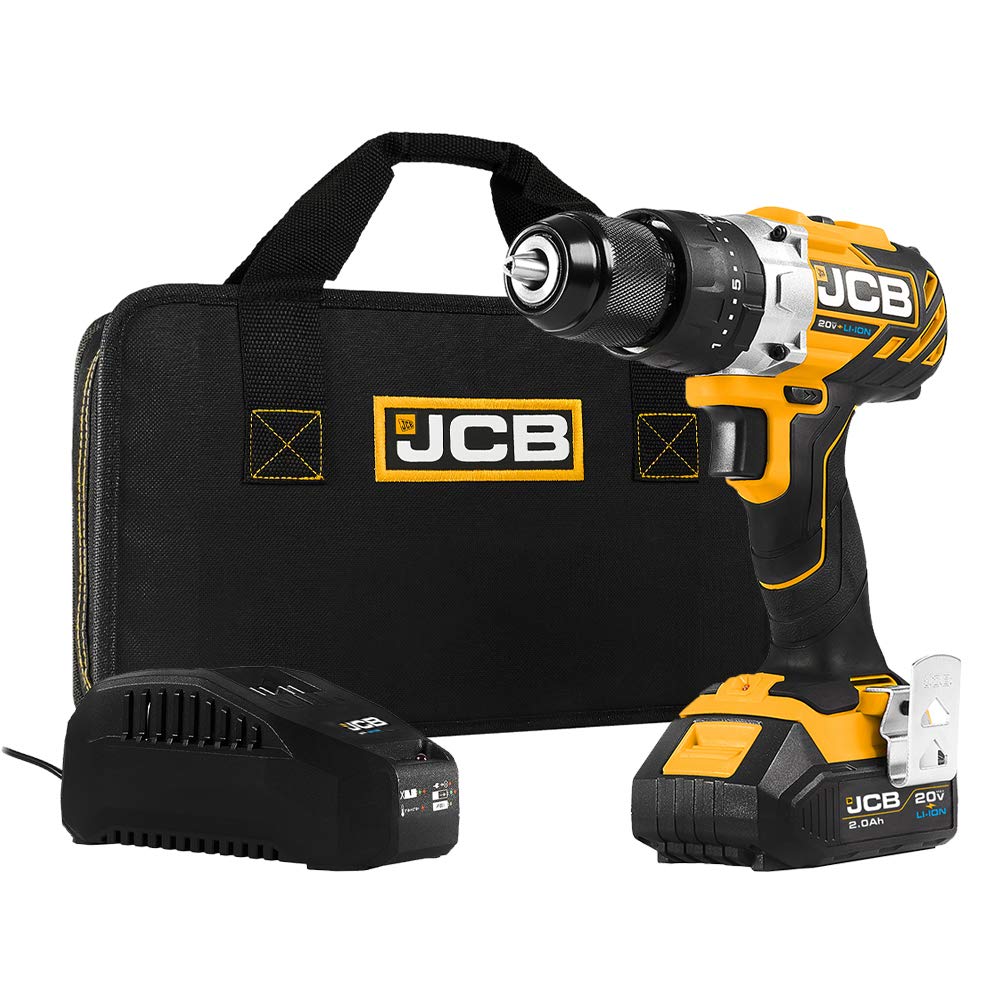 JCB 20V Brushless Hammer Drill Driver with 2.0Ah Battery & 2.4A Fast Charger - Powerful Cordless Drill for Wood, Metal, Concrete - Perfect for DIY Projects, Home Repairs, and Construction Work