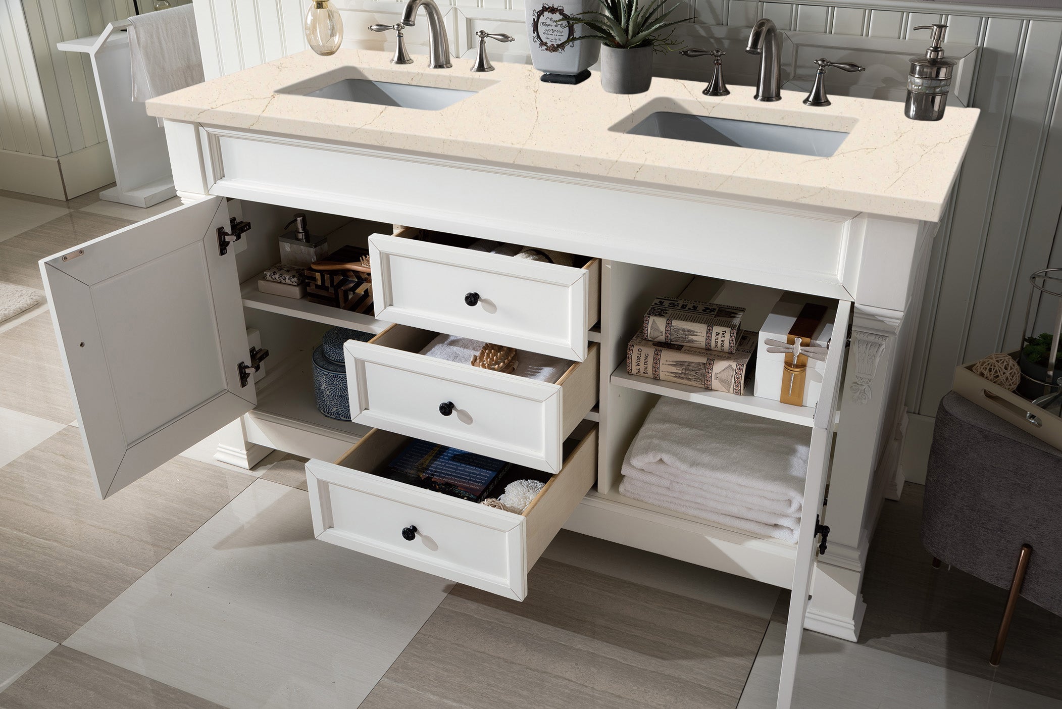 **Brookfield 60-Inch Double Vanity with 3CM Eternal Marfil Quartz Top - Bright White Bathroom Vanity for Modern & Luxury Home Decor - Perfect for Master Bathrooms & Guest Suites**