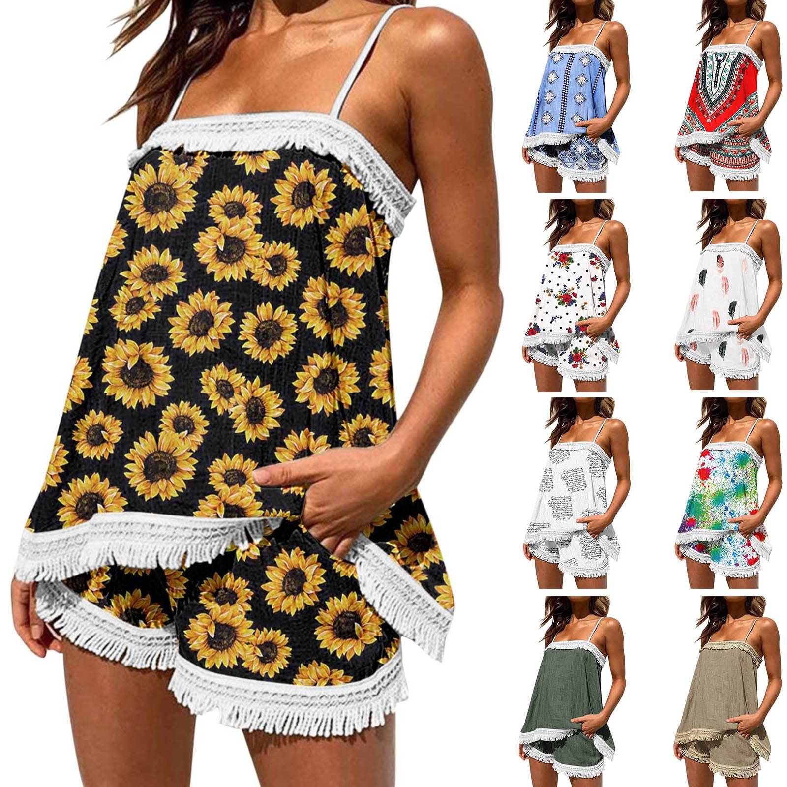 Women's 2-Piece Pajama Set - Floral Print Tassel Cami Top & Shorts | Summer Loungewear | Loose Fit Sleepwear | Beach Cover Up | Comfortable Nightwear for Women | Perfect for Sleep, Relaxation & Vacation Wear