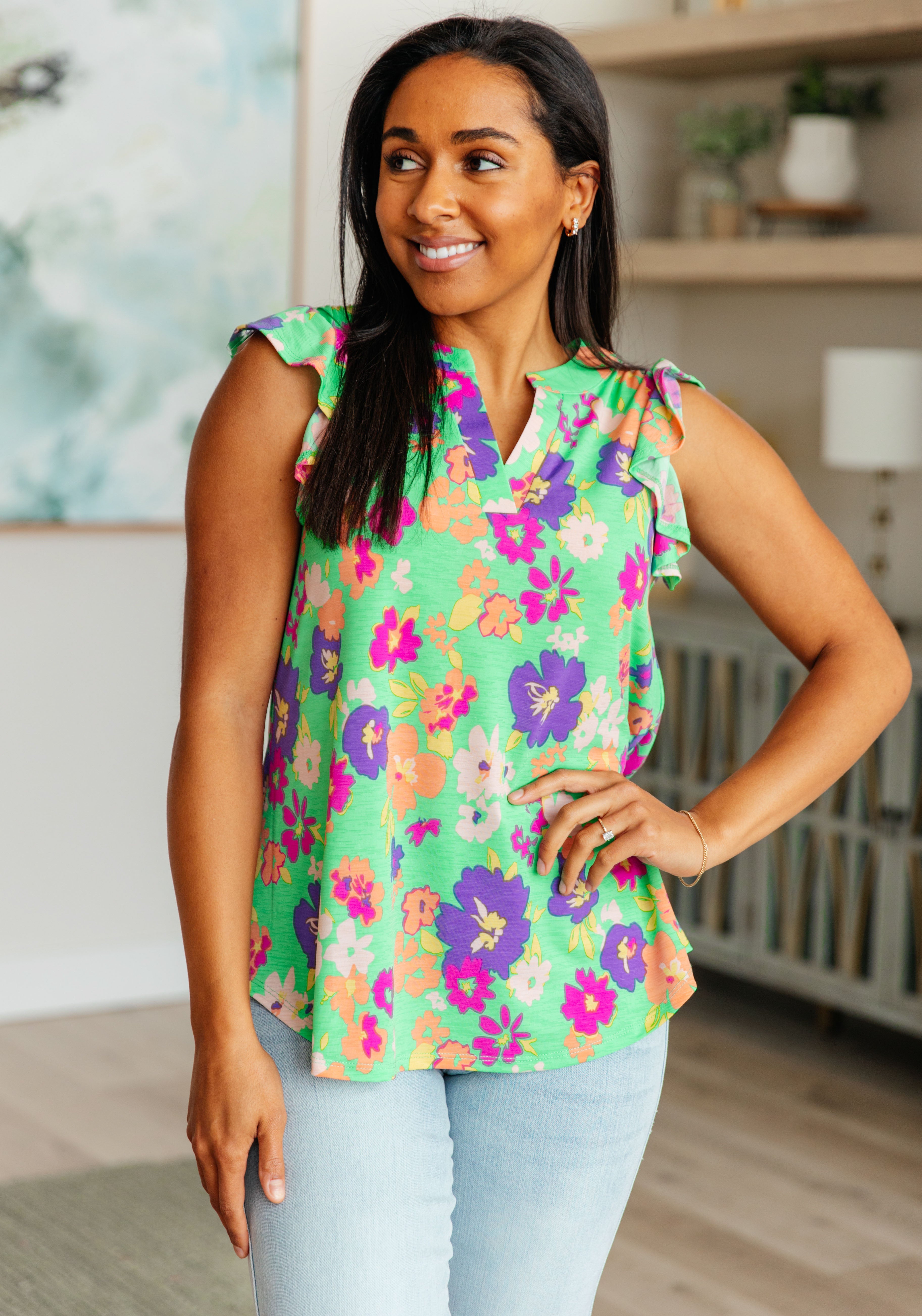 Lizzy Flutter Sleeve Top - Women's Floral Print Blouse in Emerald Green & Purple | Casual Summer Tops for Outfits, Dates & Beach Wear