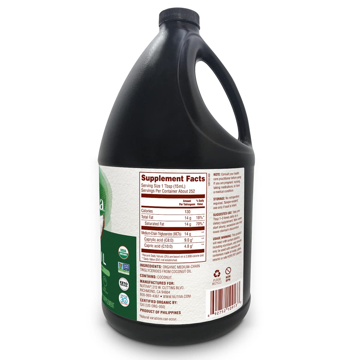 Nutiva Organic MCT Oil, 1 Gallon - Unflavored, Non-GMO, Keto & Paleo Friendly - Made from Organic Coconuts - 14g C8 & C10 per Serving - Perfect for Coffee, Smoothies & Ketogenic Diet Supplement