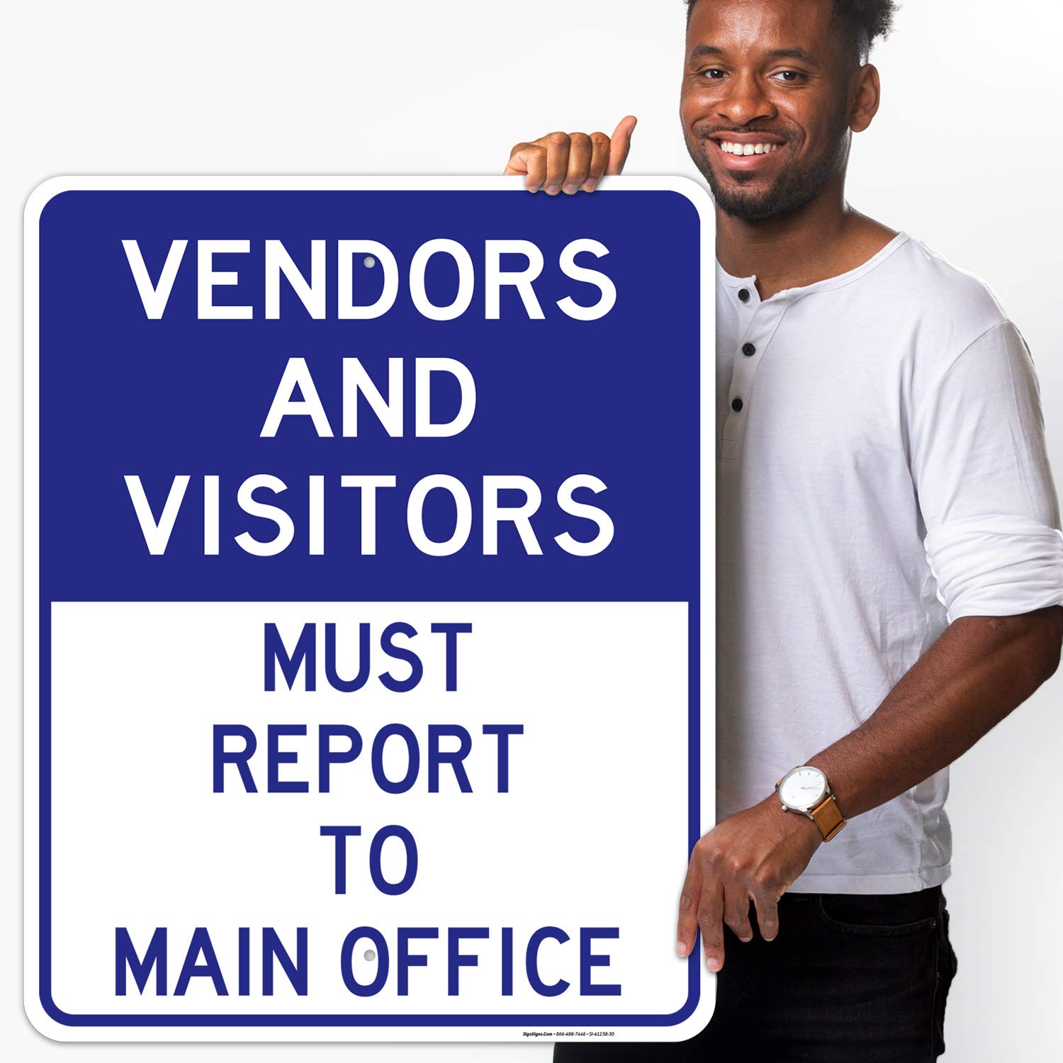 Vendors & Visitors Report to Main Office Sign - 24x30 Inches Rust-Free .063 Aluminum - Fade Resistant Office Sign for Indoor/Outdoor Use - Easy Mounting Business Signage - Made in USA - Perfect for Offices, Warehouses, Schools & Public Buildings
