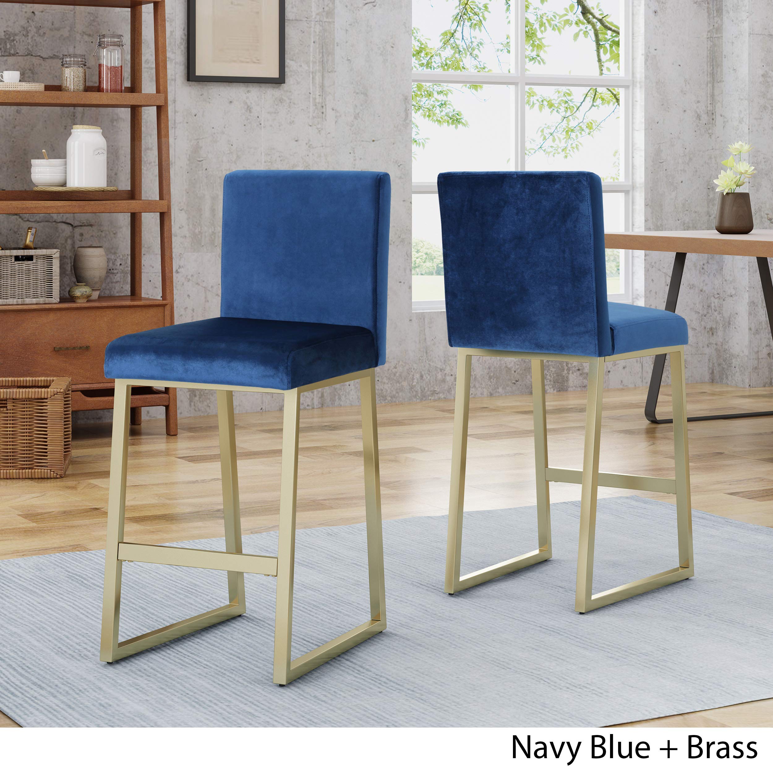 Christopher Knight Home Lexi Modern Velvet Barstools - Navy Blue & Brass Bar Stools Set of 2 for Kitchen Island, Breakfast Nook or Home Bar Decor