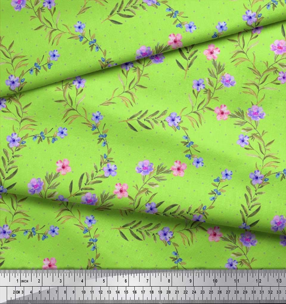 Soimoi Moss Georgette Brown Fabric by The Yard - 42 Inch Wide Floral Printed Fabric with Dot & Leaves Pattern for Dresses, Scarves, DIY Crafts & Home Decor