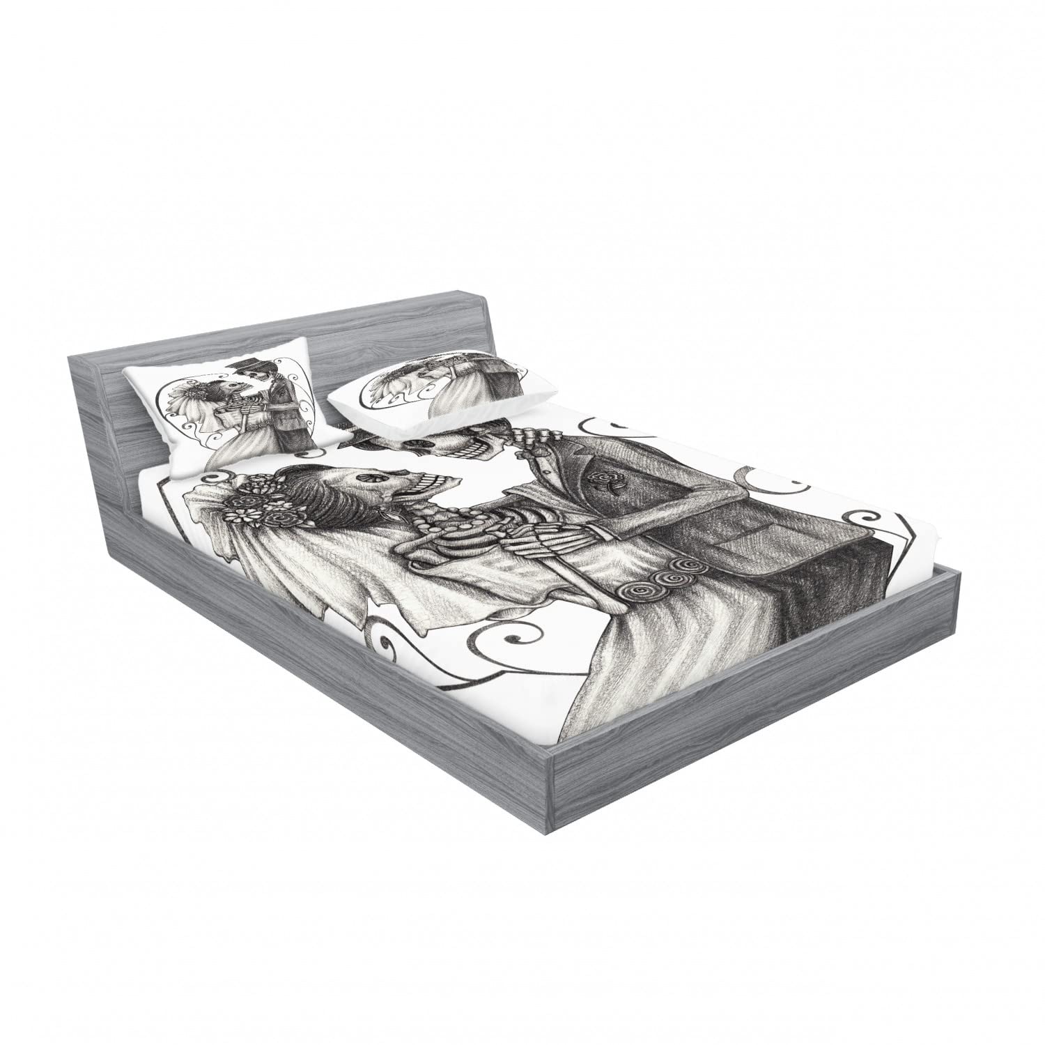 Ambesonne Romance 2-Piece Queen Size Bedding Set - Skeleton Marriage Themed Fitted Sheet & Pillow Sham (4pc) in Dimgrey & White | Gothic Home Decor for Couples Bedroom, Halloween Party & Unique Gift Idea