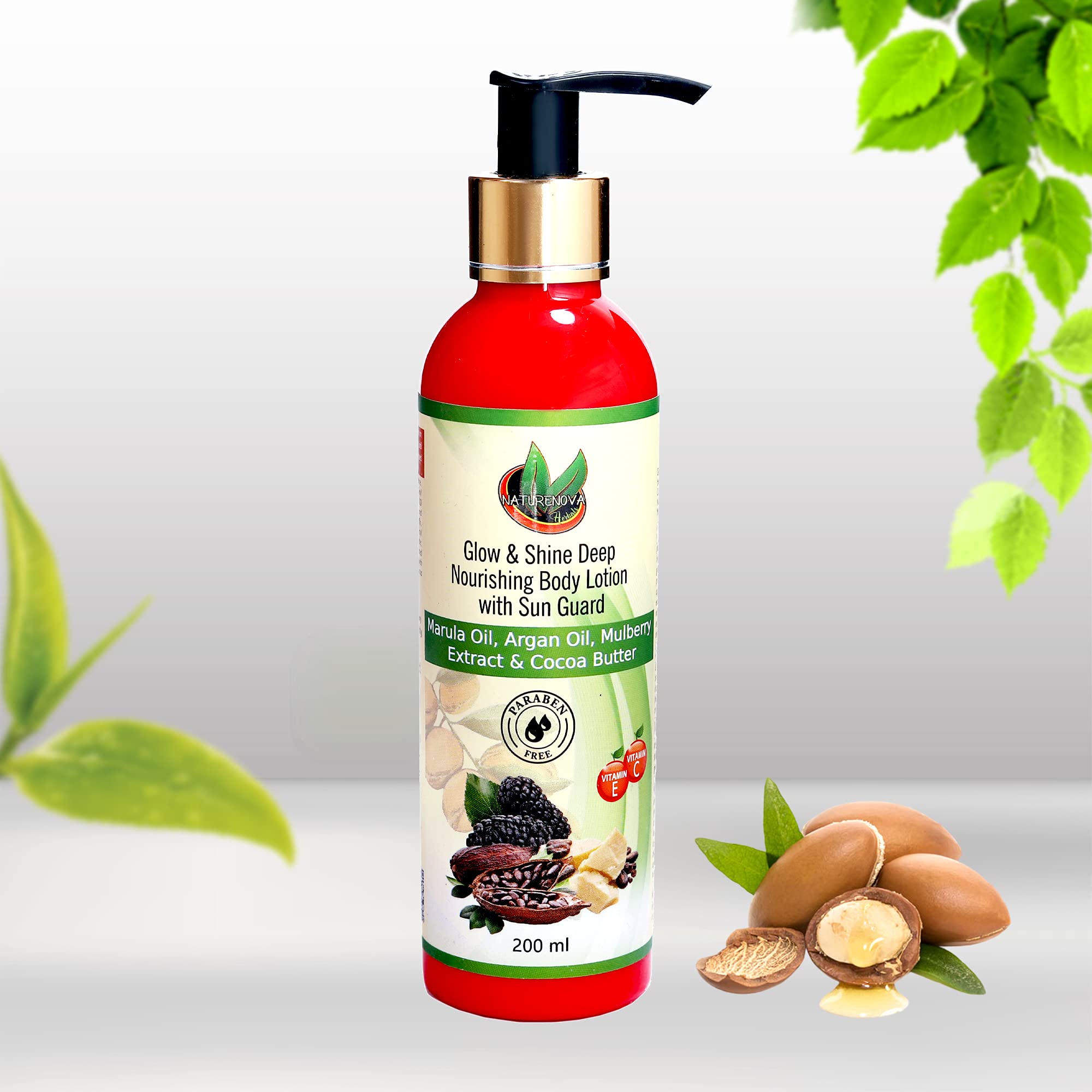 NATURENOVA HERBALS Glow & Shine Deep Nourishing Body Lotion with SPF & Marula Oil | Enriched with Argan Oil, Mulberry, Cocoa Butter, Vitamin C & E | UV-B Protection, Anti-Aging, Stretch Mark Prevention | Hydrates & Softens Skin for Youthful Glow | Paraben-Free 200ml | Perfect for Daily Moisturizing, Sun Protection & Anti-Aging Skincare Routine