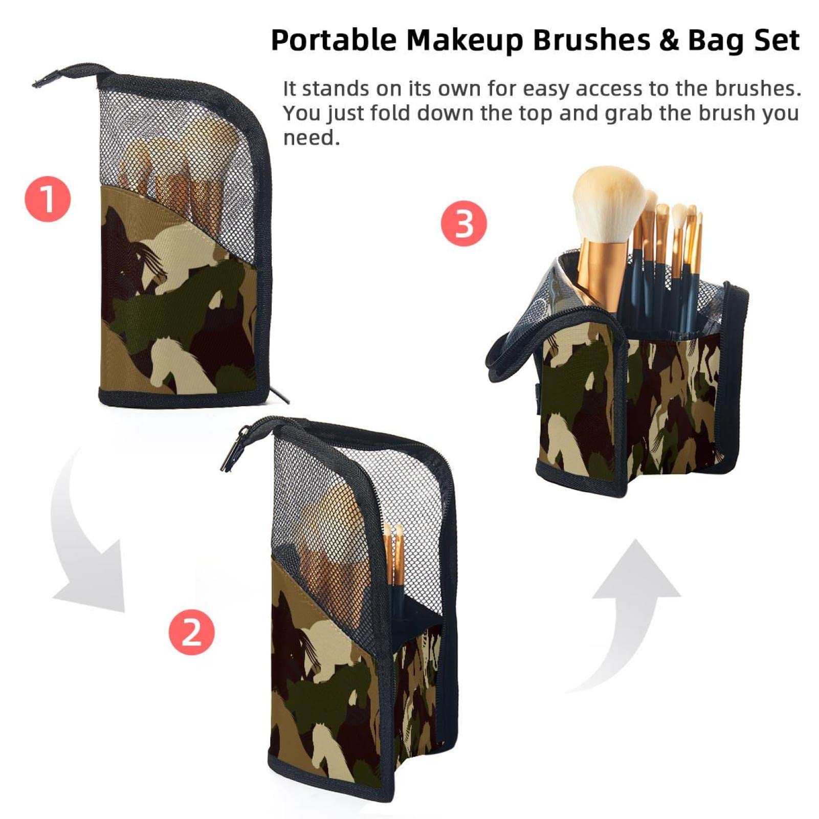 12-Piece Makeup Brush Organizer Bag with Horse Silhouette Camouflage - Portable Makeup Brush Holder Case for Travel & Home Storage