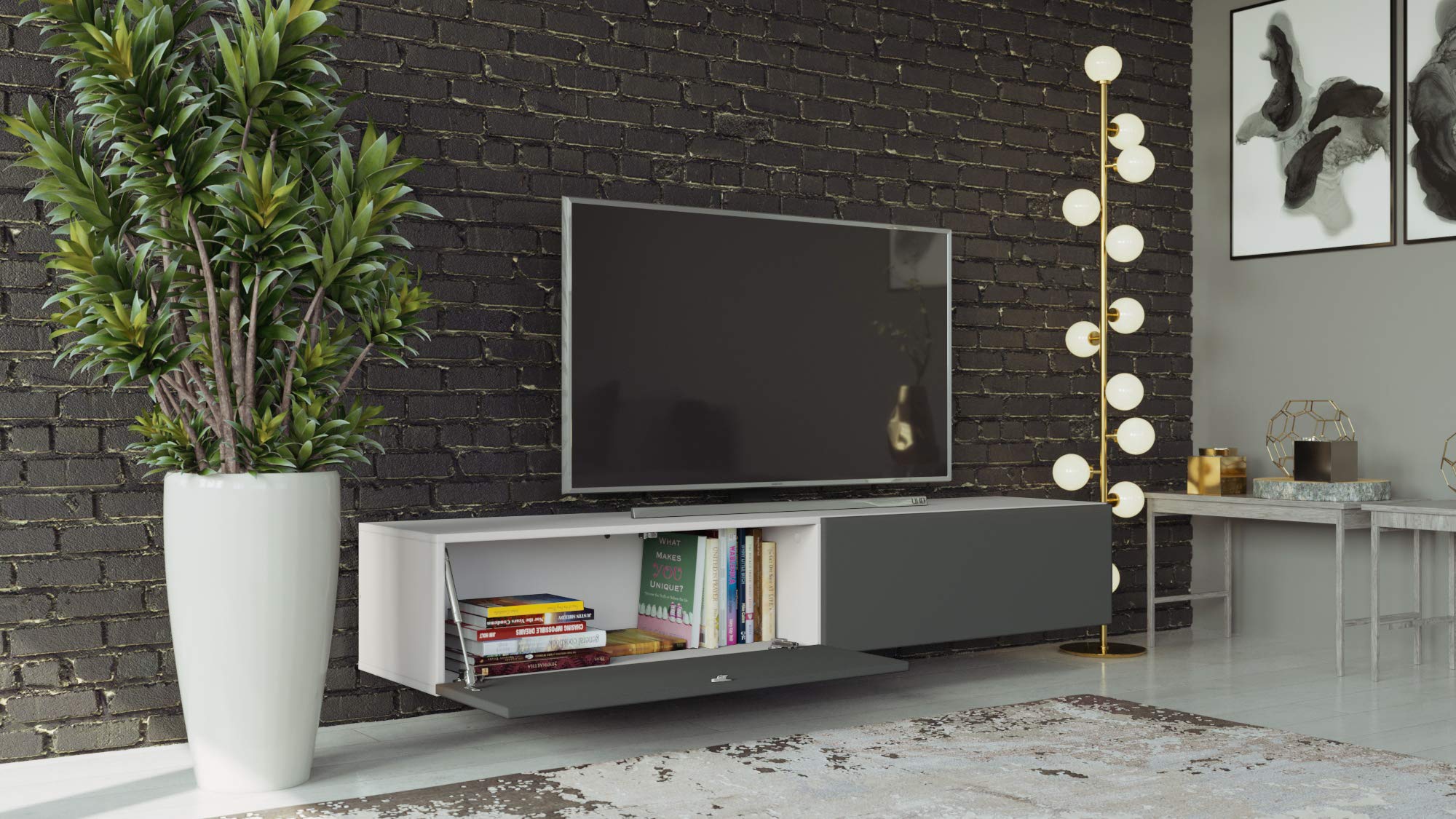 VIGO Modern TV Stand for 55-75 Inch TVs - White/Graphite Finish - Entertainment Center with Storage Shelves for Living Room, Bedroom & Home Theater