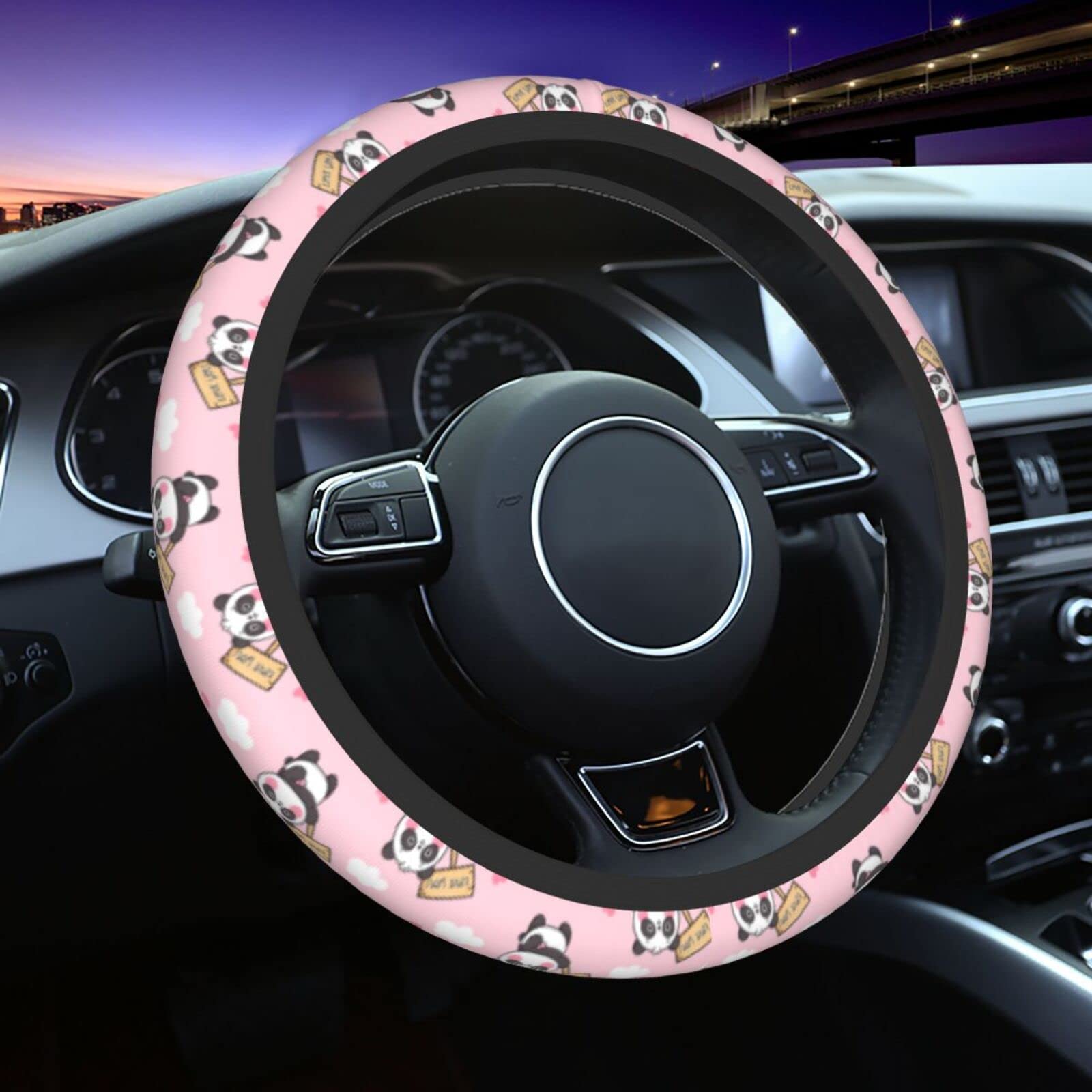 Universal 15 Inch Cute Panda Bear Pink Steering Wheel Cover - Soft Neoprene Car Steering Wheel Protector with Adorable Panda Print - Perfect for Women's Cars, Gifts & Daily Driving Comfort