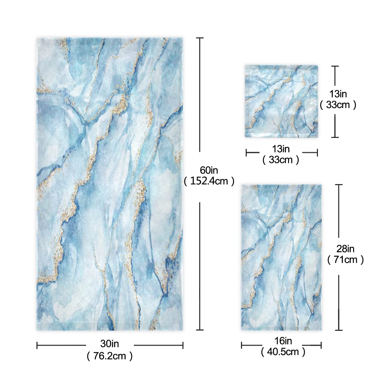 Premium Sky Blue Marble with Gold Bath Towels Set of 3 - Super Absorbent, Soft & Luxurious for Bathroom, Spa, Beach, Gym & Pool Use - Quick Dry Decorative Towel Collection for Home & Travel