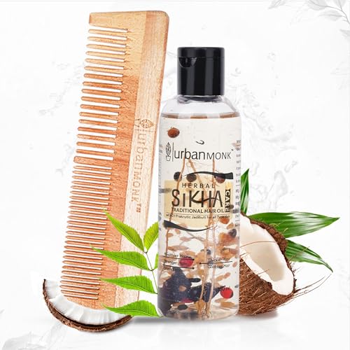 URBANMONK Kachi Neem Comb & Herbal Hair Oil Set for Hair Fall Control & Growth - Natural Ayurvedic Remedy with Dual Teeth Comb - Perfect for Daily Scalp Massage & Healthy Hair Care Routine
