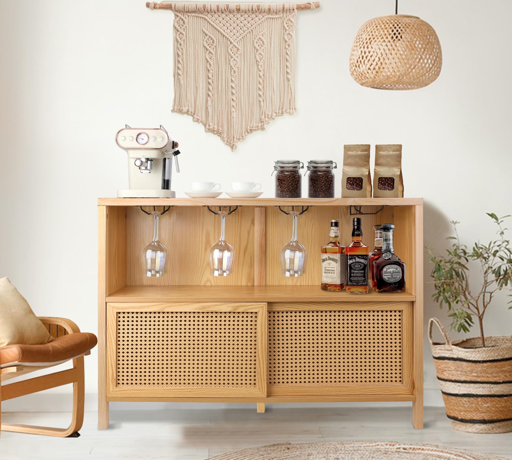 ZYBT Coffee Bar Cabinet with Storage - Modern Liquor Cabinet & Wine Bar for Home, Boho Rattan Bar Table with Glass Storage | Perfect for Kitchen, Living Room & Entertaining Guests