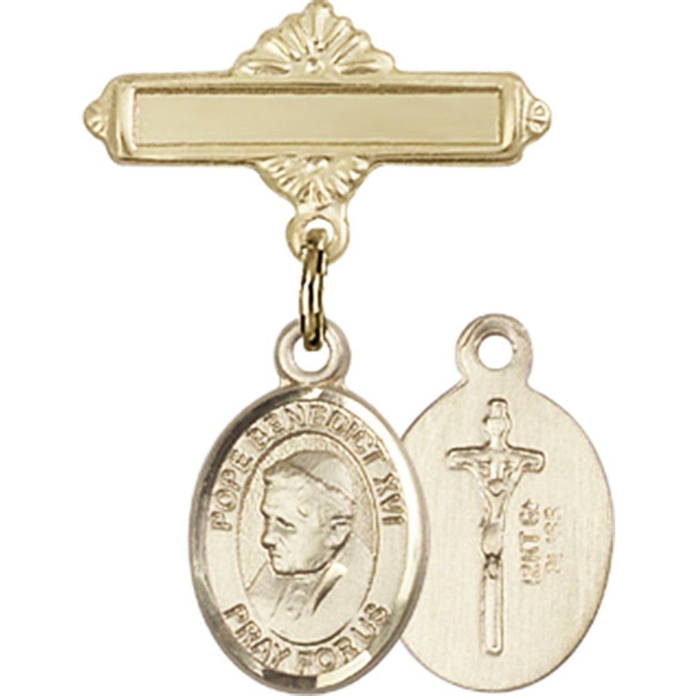 Gold Filled Baby Badge with Pope Benedict XVI Charm - 1 X 5/8 Inches Polished Religious Pin - Perfect for Baptism, First Communion & Christening Gifts