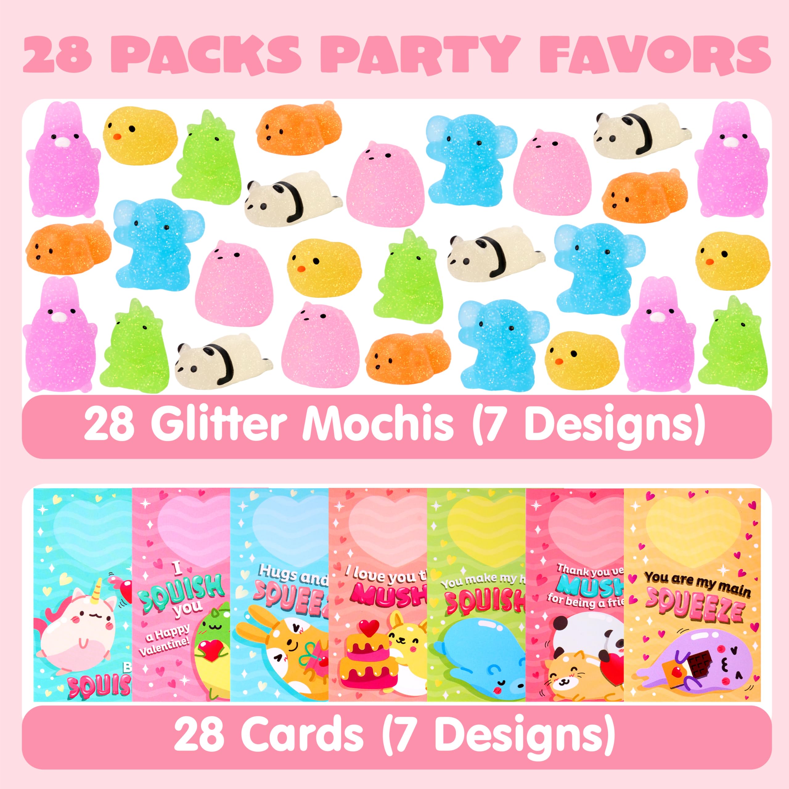 JOYIN 28 Pack Glitter Mochi Squishy Toys with Gift Cards - Stress Relief Fidget Toys for Kids, Valentine's Party Favors, Classroom Prizes & Exchange Gifts - Perfect for Birthday Parties, School Rewards and Sensory Play