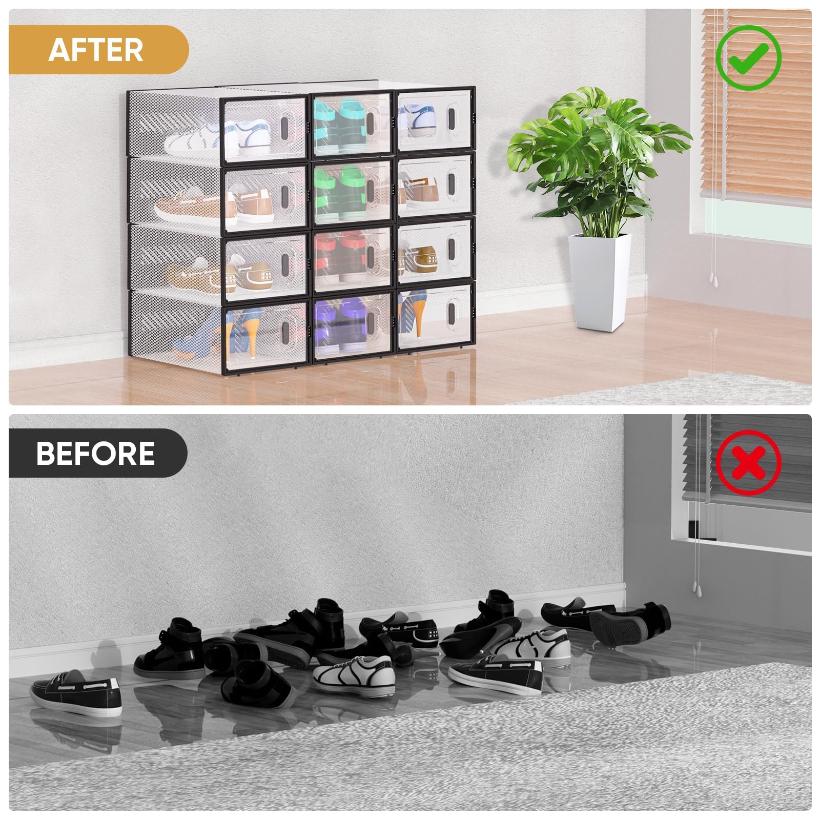 BALEINE 12 Pack Stackable Clear Shoe Storage Boxes with Lids - Foldable Plastic Shoe Organizer for Sneakers, Boots & Heels (Fits Size 9, Large Black) - Perfect for Closet, Bedroom & Entryway Organization