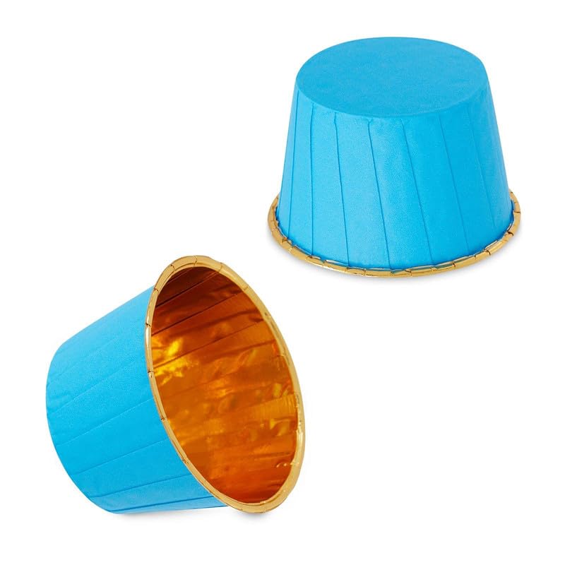 Premium Expandable Muffin Cupcake Liners - Blue Exterior & Gold Interior, Medium Size (50-Pack) | Perfect for Baking, Party Decorations & Gift Packaging