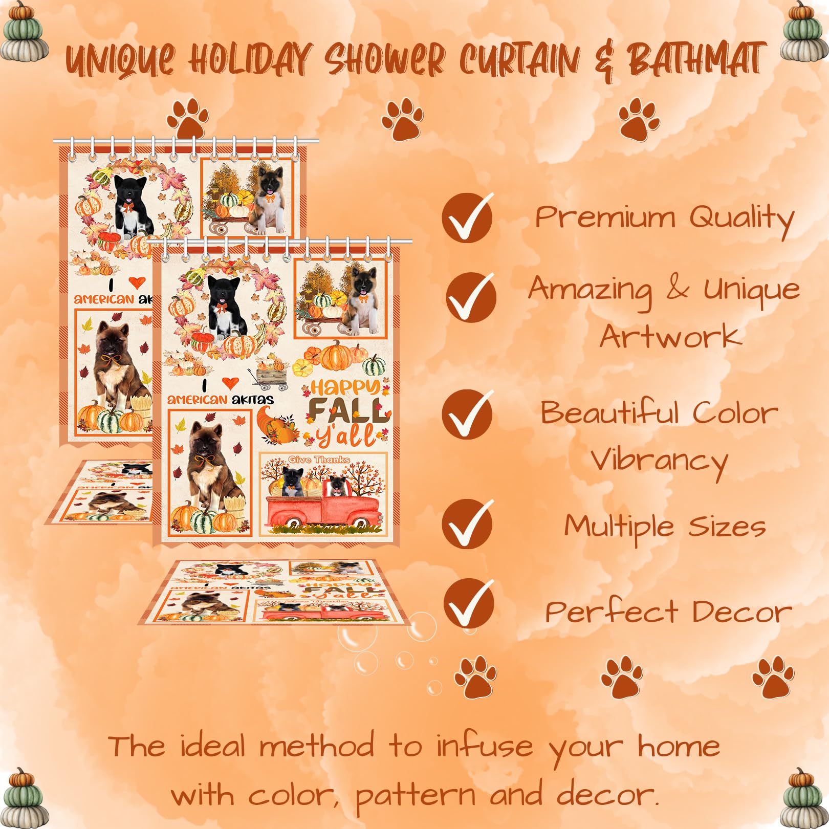 Non-Slip Pumpkin American Akita Dog Bath Mat & Shower Curtain Set - Plush Bathroom Decor Rug with Polyester Bathtub Curtain (16''x28'' Mat + 69