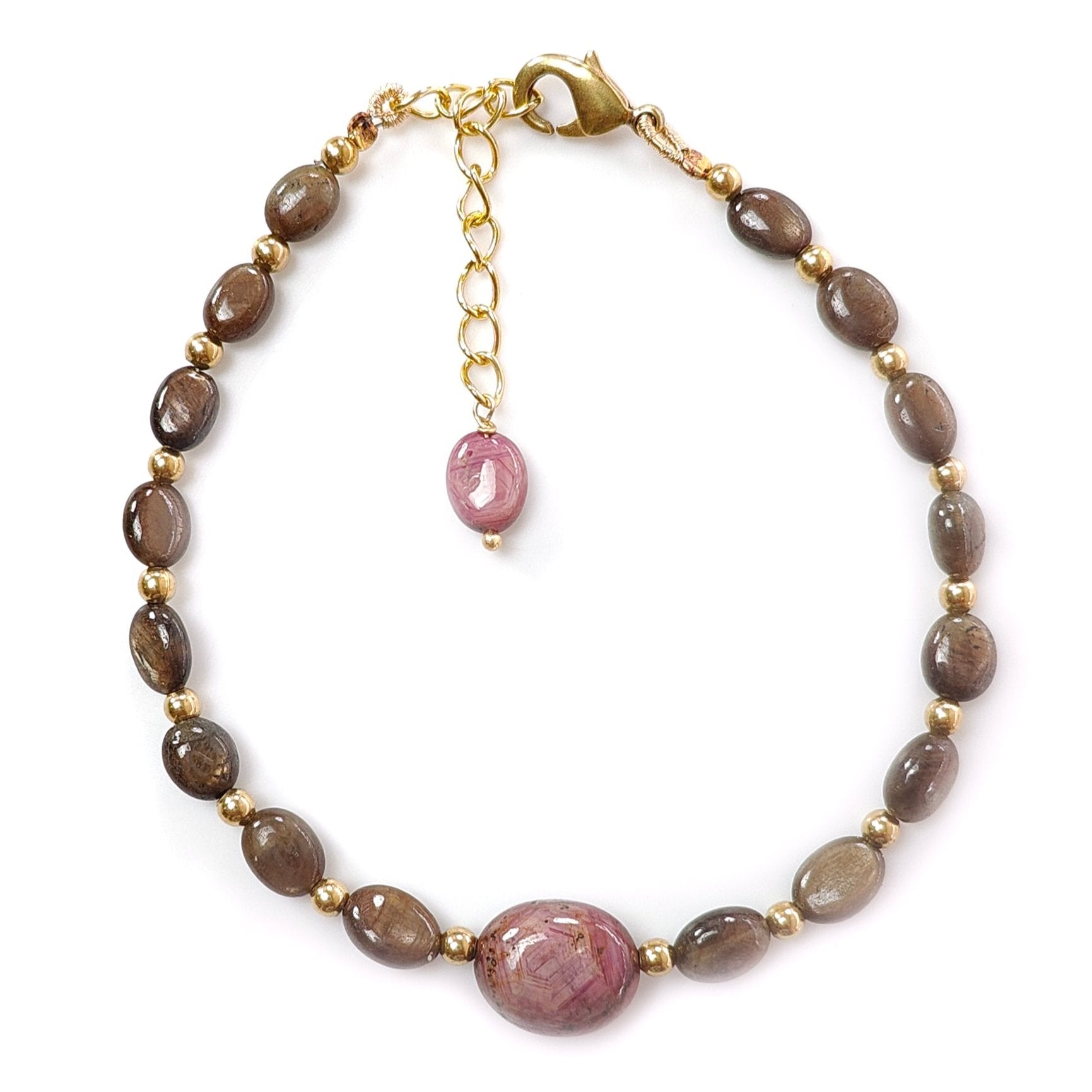 Natural Untreated Golden Brown Chocolate Sapphire Beads Bracelet with 44.40cts Ruby | 8*5mm & 12*10mm Oval Plain Brass Bracelet | Elegant Jewelry for Women, Gift for Her, Birthday, Anniversary, Party & Wedding Accessories