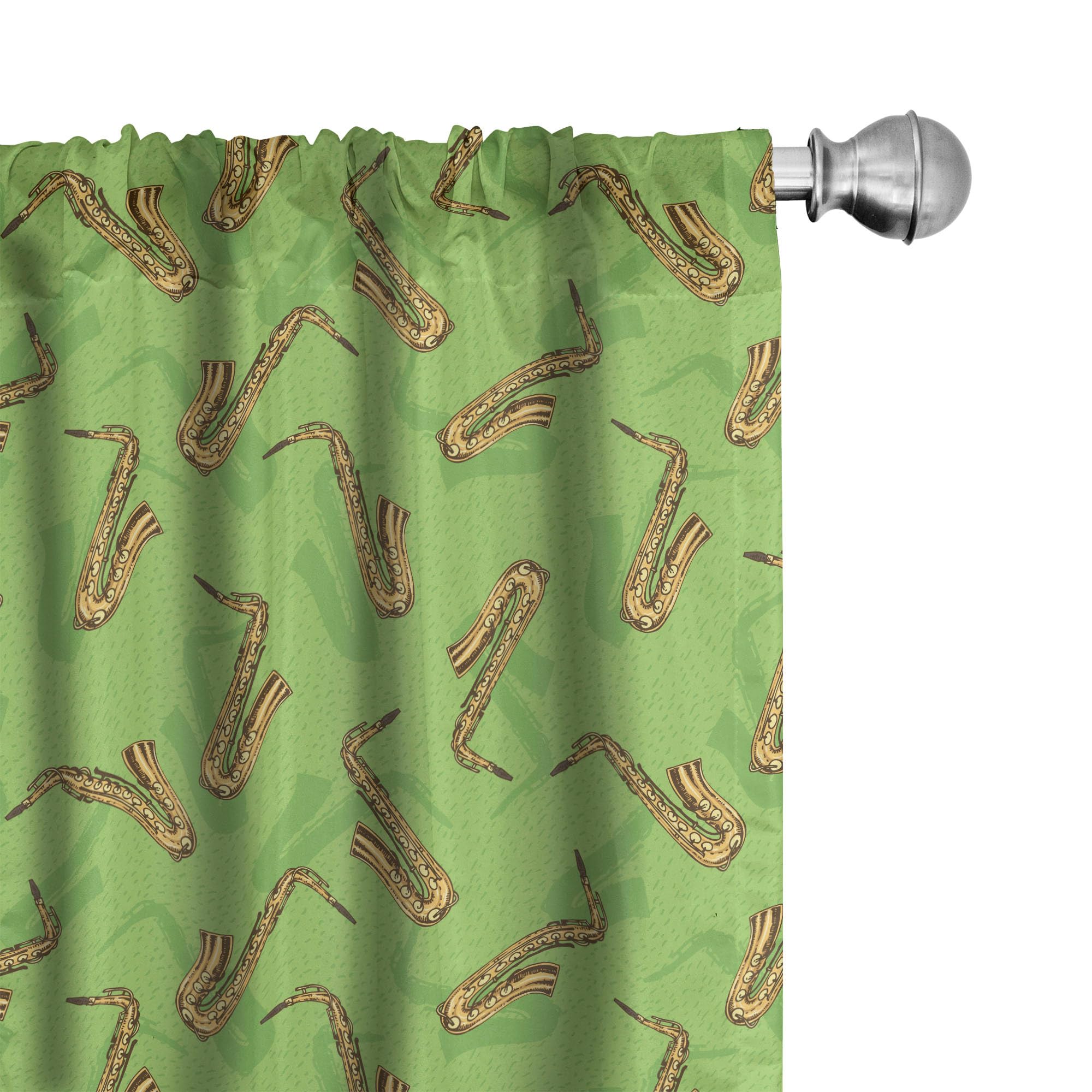 Ambesonne Jazz Music Themed Curtains - Hand Drawn Saxophone & Orchestra Design on Green Background, 2 Panel Window Treatment Set (28x95 inches) for Living Room & Bedroom - Green Yellow Brown | Perfect for Music Lovers & Jazz Enthusiasts Decor