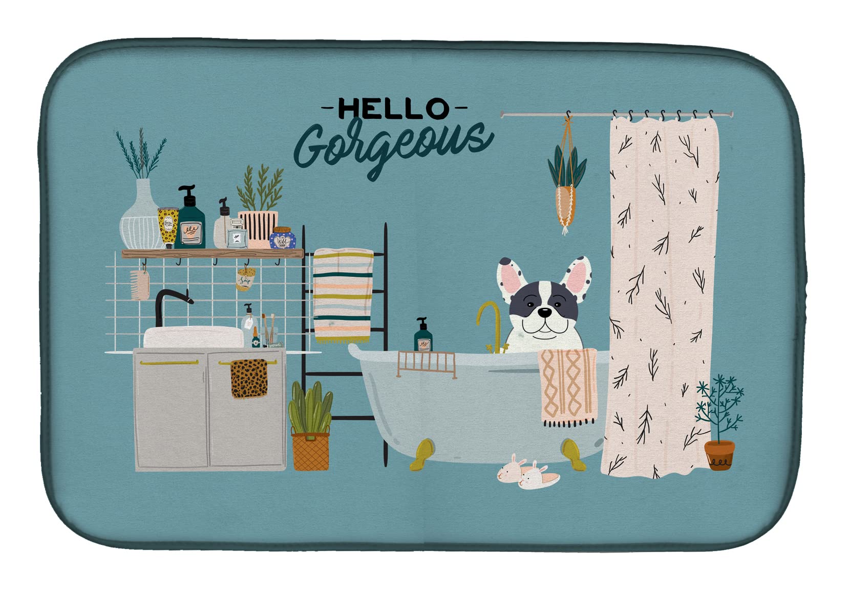 Piebald French Bulldog Dish Drying Mat - Absorbent Kitchen Counter Mat (14x21