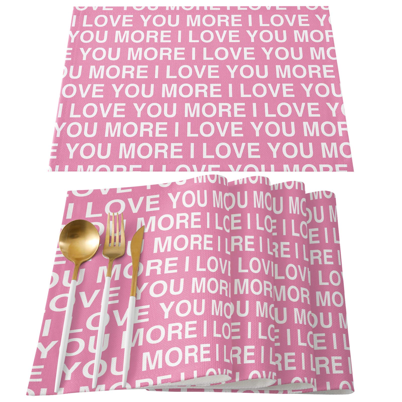 Valentine's Day Placemats Set of 4 - I Love You More Cotton Linen Washable Table Mats 13x19 Inch for Dining Table & Kitchen Decor | Romantic Dinner, Anniversary Gift, Couples Home Decoration