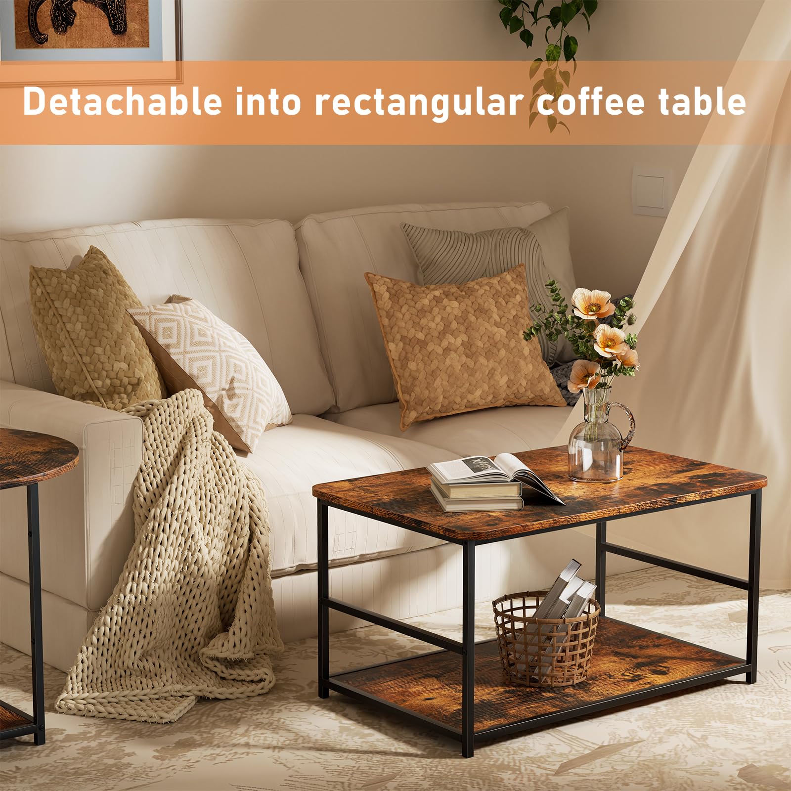 WOHOMO Mid Century Modern Coffee Table - Rustic Farmhouse Living Room Center Table with 2-in-1 Detachable Design in Brown | Perfect for Small Spaces, Apartments & Cozy Home Decor