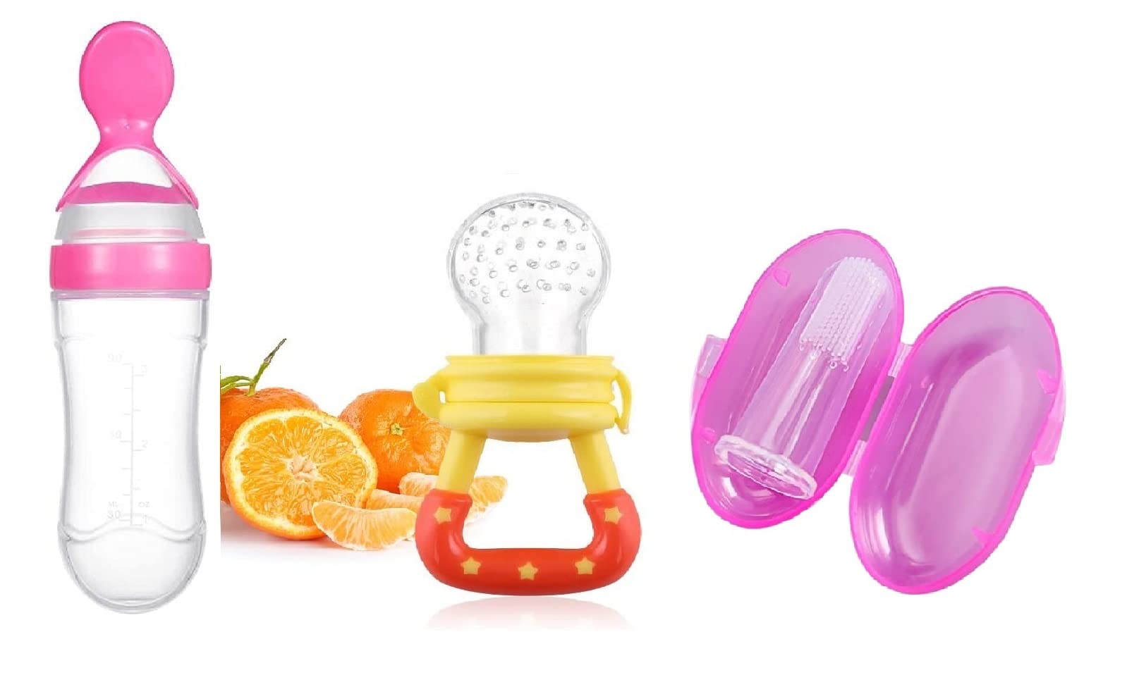 Organic Baby Fruit Feeder & Silicone Pacifier Set - Safe Teething Nibbler for Infants 3-18 Months with Finger Brush & Tongue Cleaner (3-Pack, Multi-Color) - Perfect for On-the-Go Feeding & Oral Care