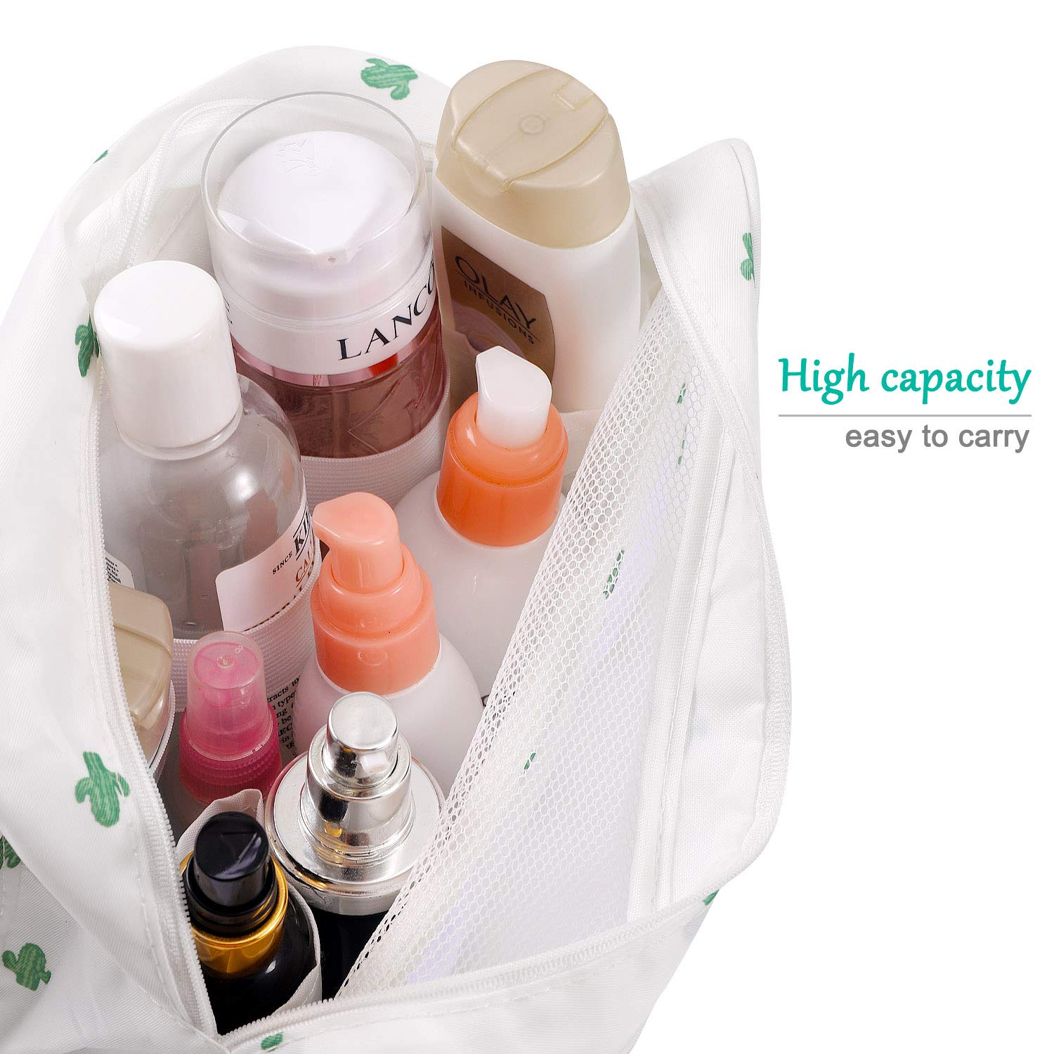 Trawila Travel Hanging Toiletry Bag for Men & Women - Waterproof Cosmetic Organizer with Sturdy Hook, Perfect for Camping, Gym & Air Travel (White Cactus Design)